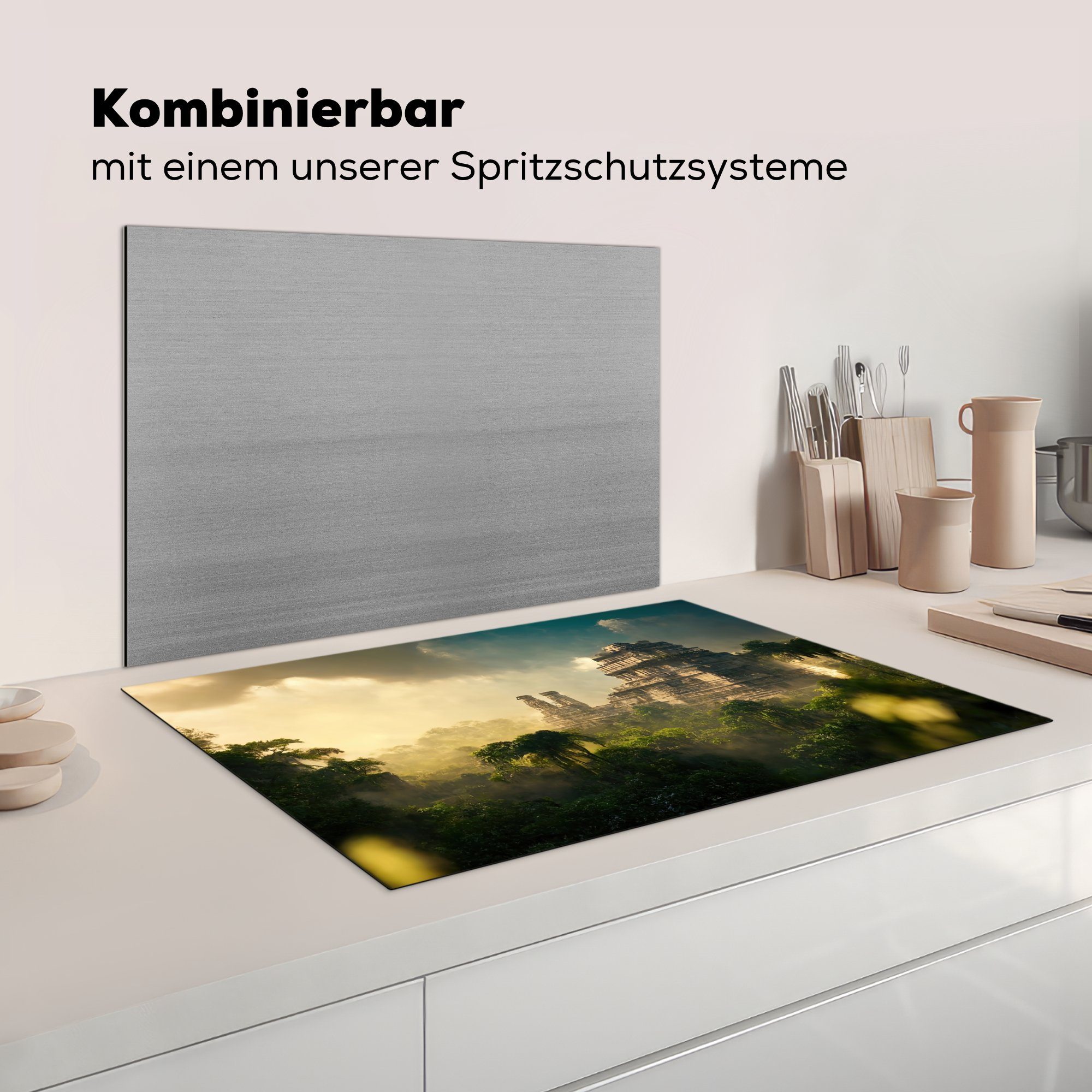 - MuchoWow Vinyl, Tempel Natur, Herdblende-/Abdeckplatte Ceranfeldabdeckung Himmel Wolken - (1 - Dschungel 81x52 Induktionskochfeld die küche, Schutz - cm, für tlg),