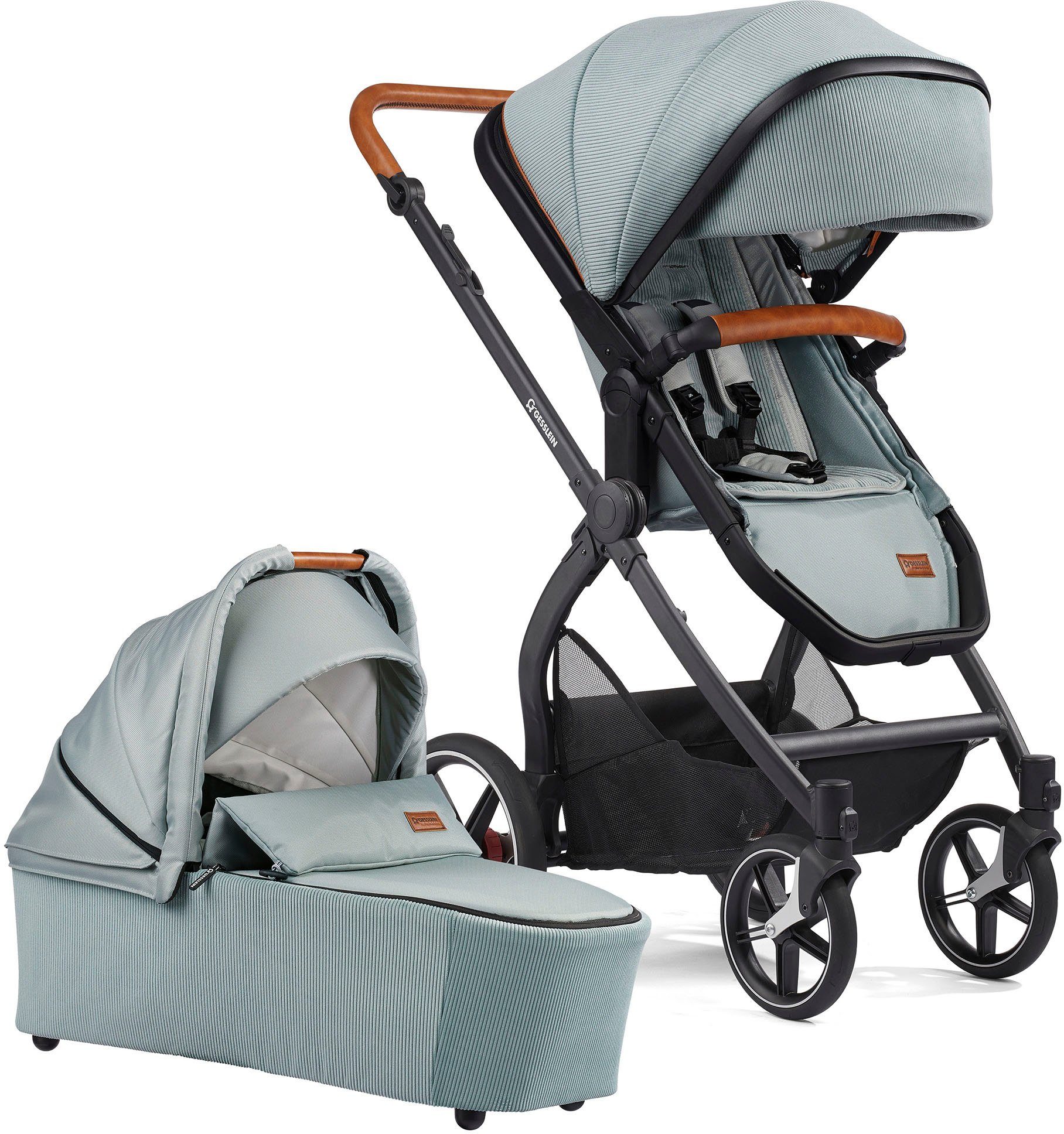 Kombi-Kinderwagen FX4 Soft+ mit Aufsatz Life, schwarz/cognac, eisblau