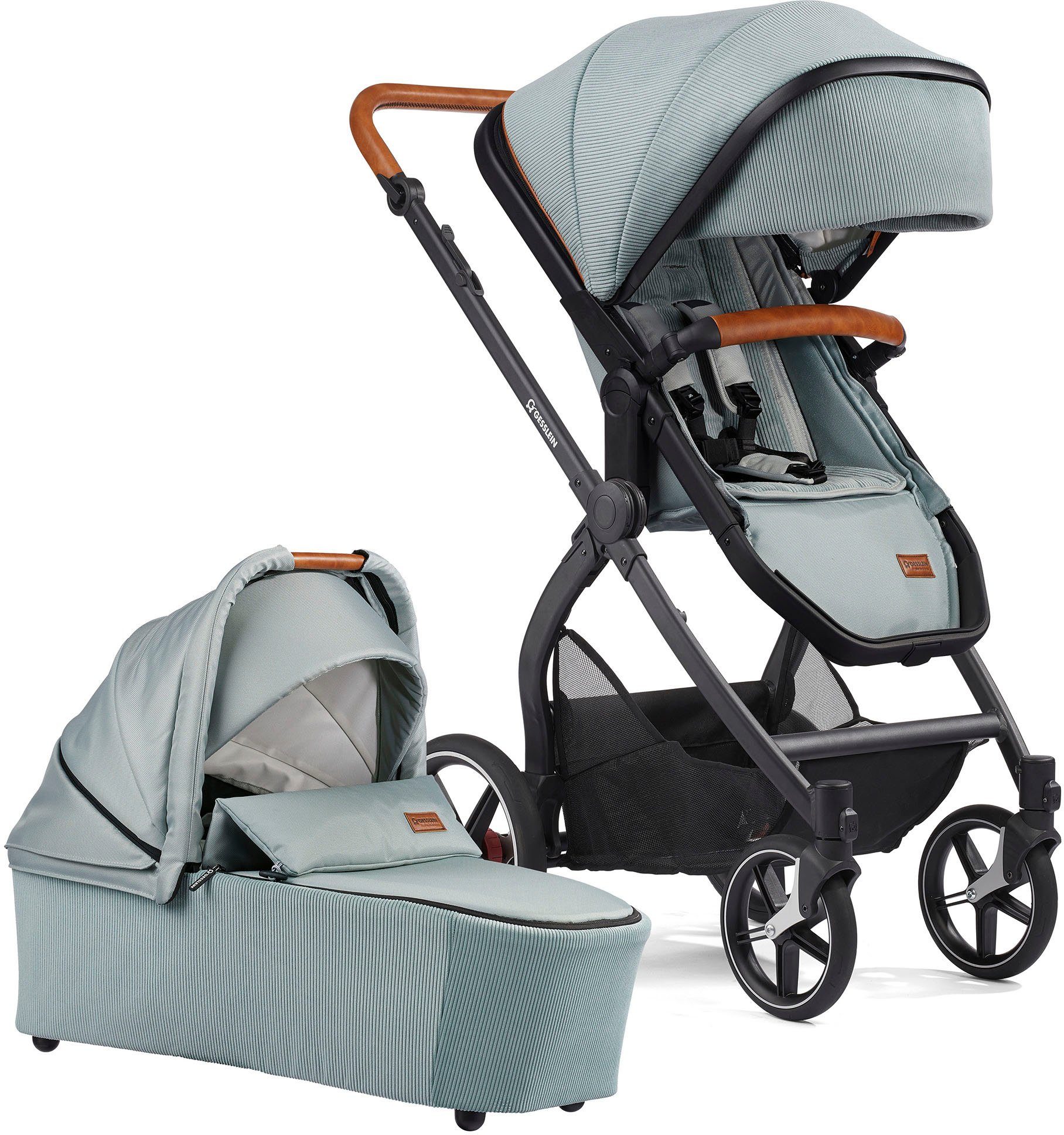 mit eisblau, C3 Soft+ Gesslein Babyschalenadapter Kombi-Kinderwagen und FX4 mit Aufsatz Babywanne Life, schwarz/cognac,