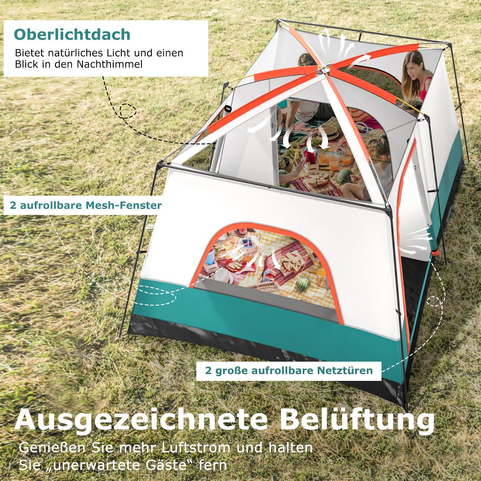 COSTWAY Kuppelzelt, Personen: 8, XL wasserdichtes Campingzelt mit Tragetasche