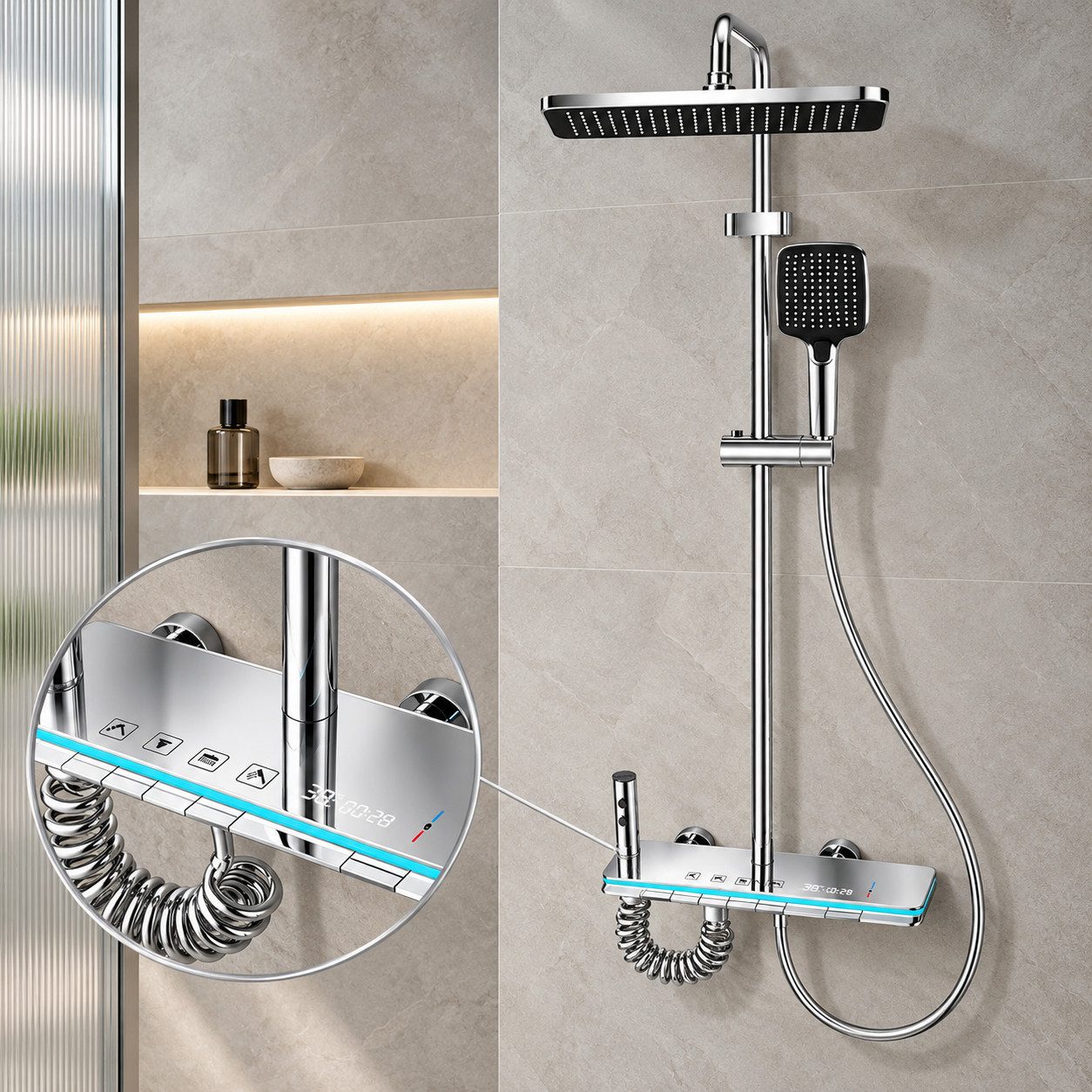LuxaSteel Duschsystem Duscharmatur Chrom mit Regendusche, LED und Temperaturanzeige, 5 Strahlart(en), Komplett-Set, betrieben durch …