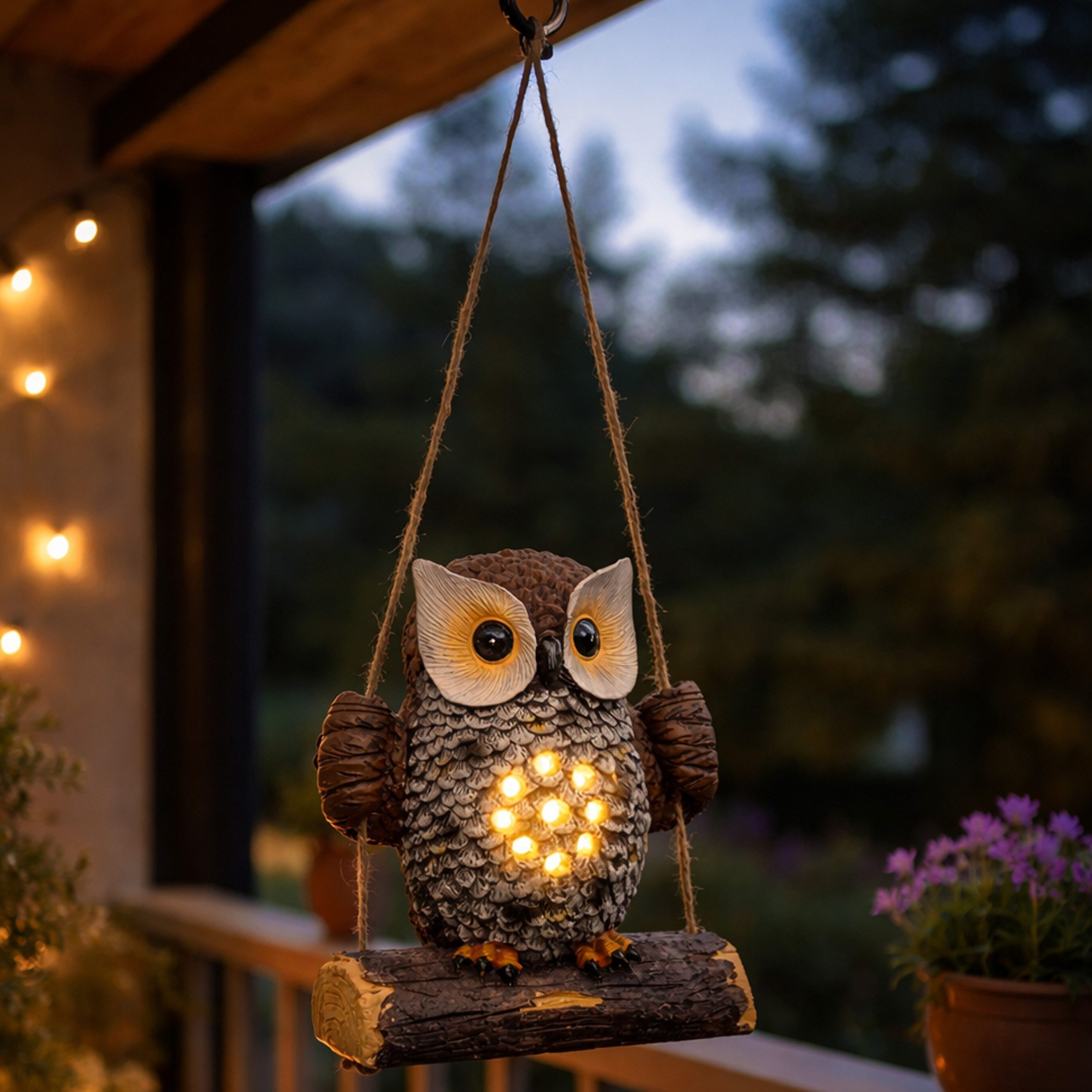Spetebo LED Dekofigur Solar Gartenfigur Eule auf Schaukel zum Hängen, Einschaltautomatik, LED fest integriert, warm weiß, Eulenfigur warm weiß beleuchtet wasserfest für Außen
