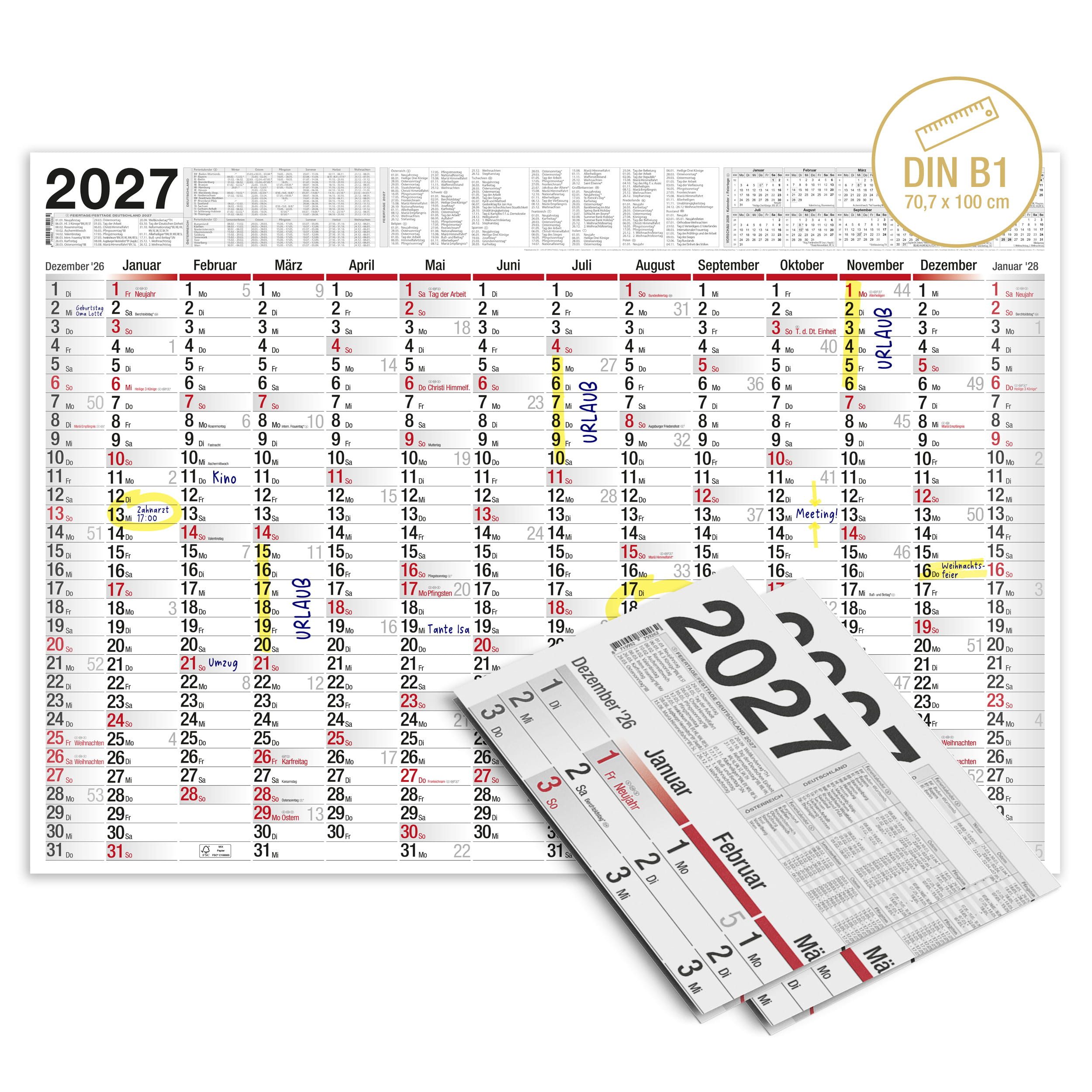 TOBJA Posterkalender Wandkalender 2027 XXL B1 Gefalzt 2er Set 70x100 cm, 2er Set, 14 Monate, Ferien DE/AT, KW, FSC