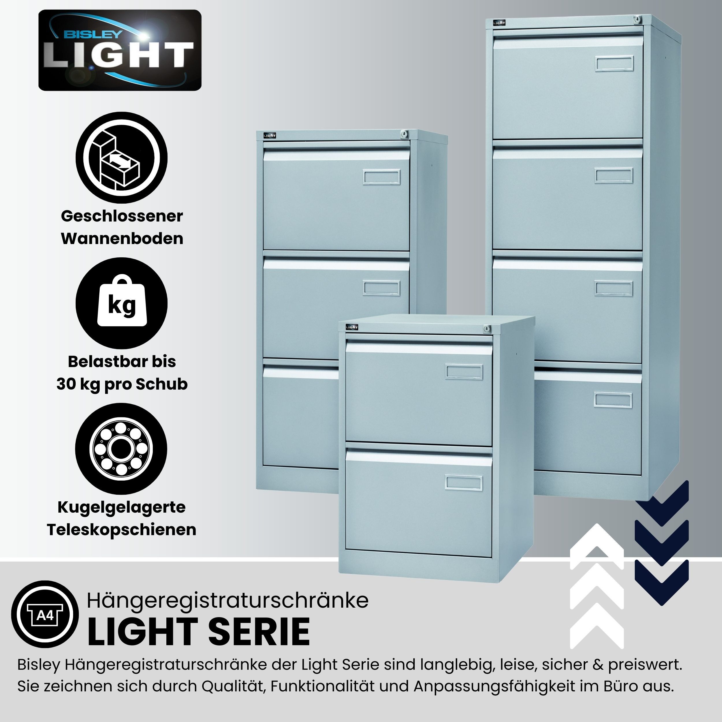 Bisley Hängeregisterschrank Hängeregistraturschrank Light in Lichtgrau - Maße: H 132 x B 41 x T 62 cm