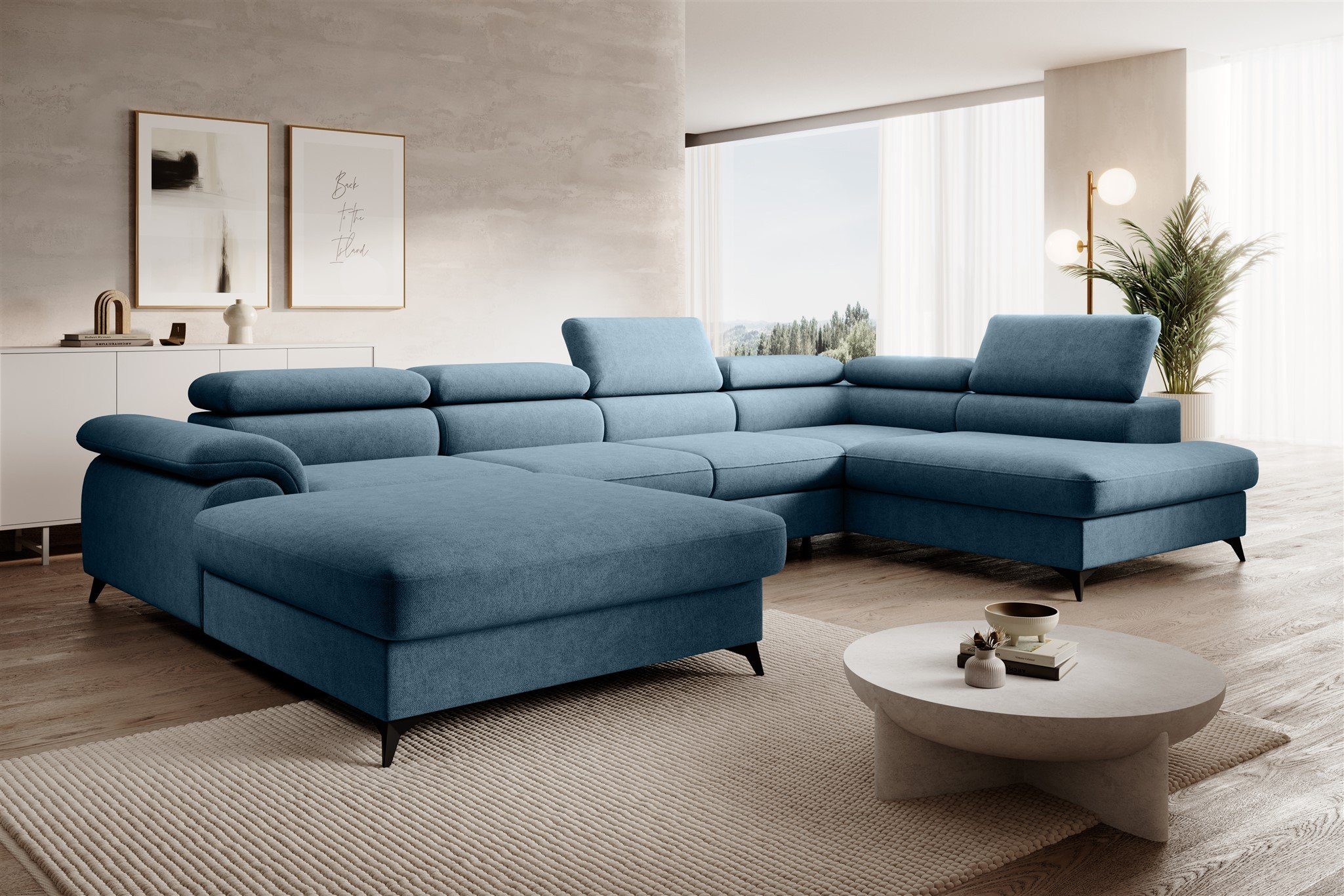 Fun Möbel Wohnlandschaft Sofa U-Form BASTIEN in Stoff Whisper, mane Links oder Rechts, Rundumbezug und Bettkästen Azurblau