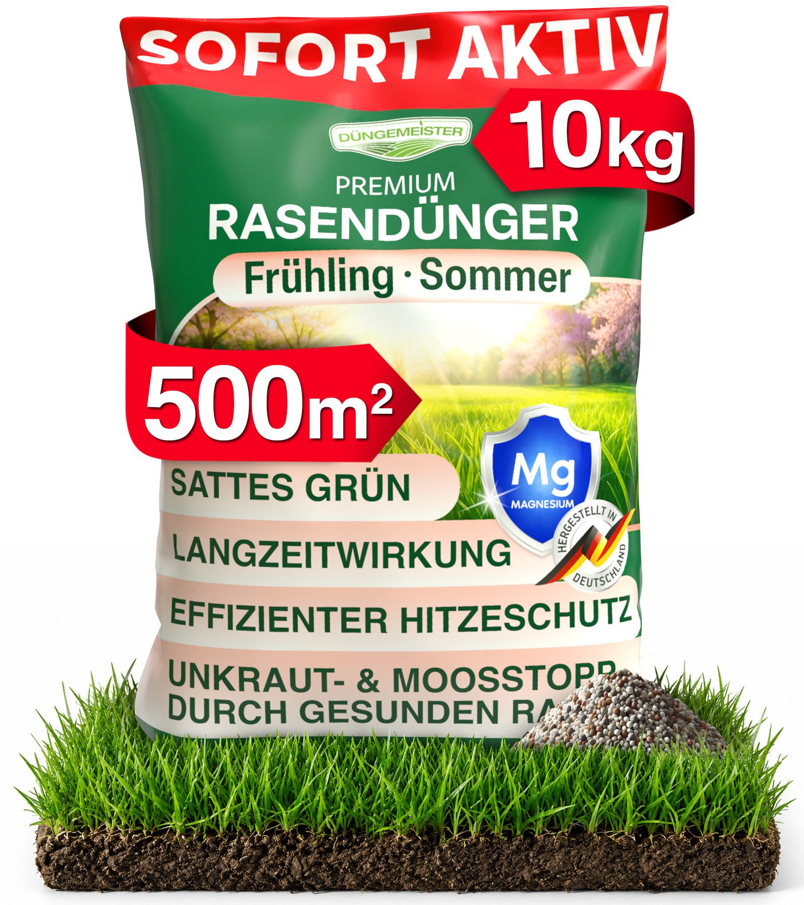 DÜNGEMEISTER Rasendünger Frühjahr/Sommer für sofort saftiges Grün, mit revolutionärer KI Formel - Langzeit NPK/Organisch