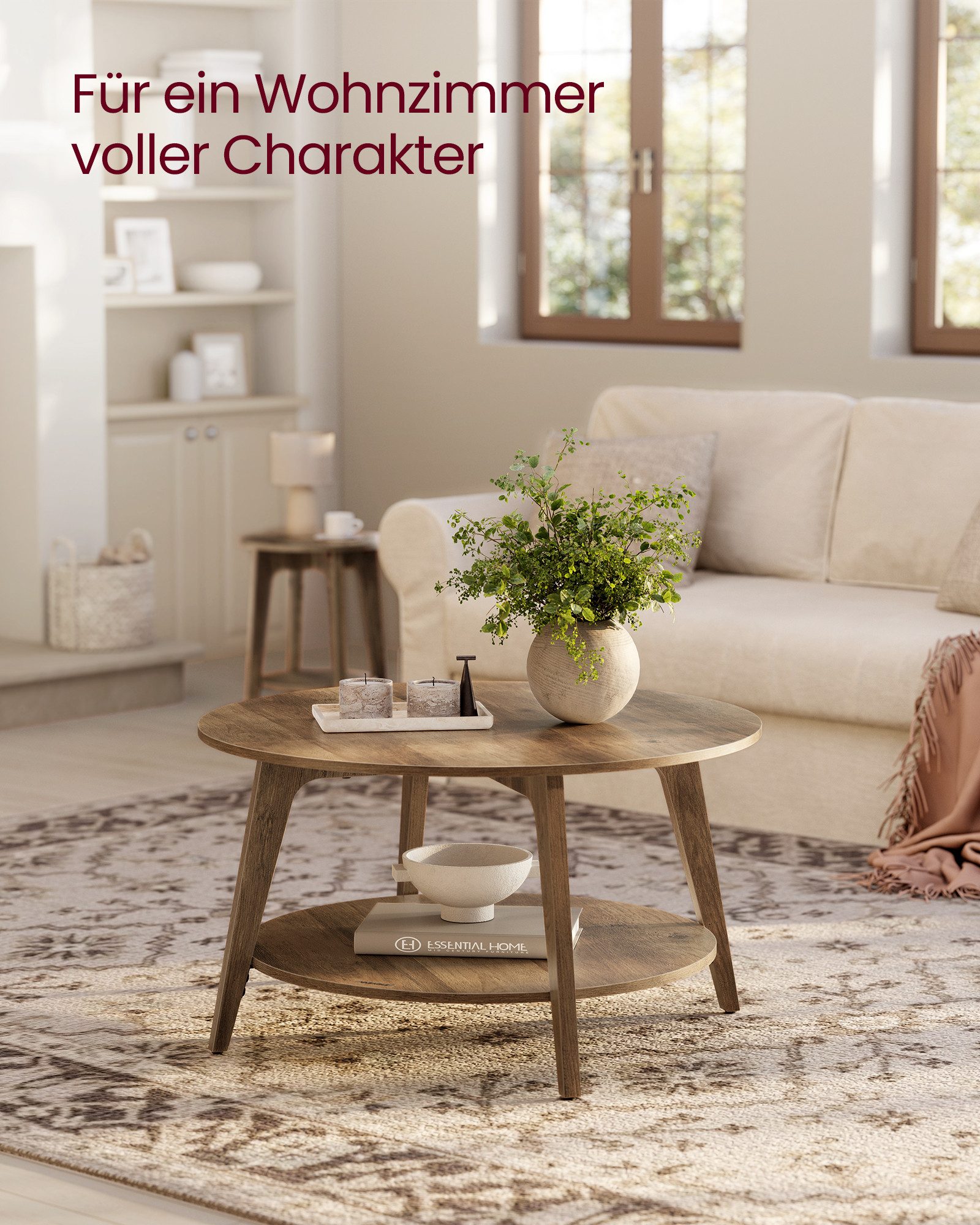 VASAGLE Couchtisch rund Wohnzimmertisch holz Beistelltisch (inkl. Zubehörpaket & Anleitung), 2 Ebenen, Ø 80 cm, modern, skandinavisch, einfache Montage – Bild 4 von 5