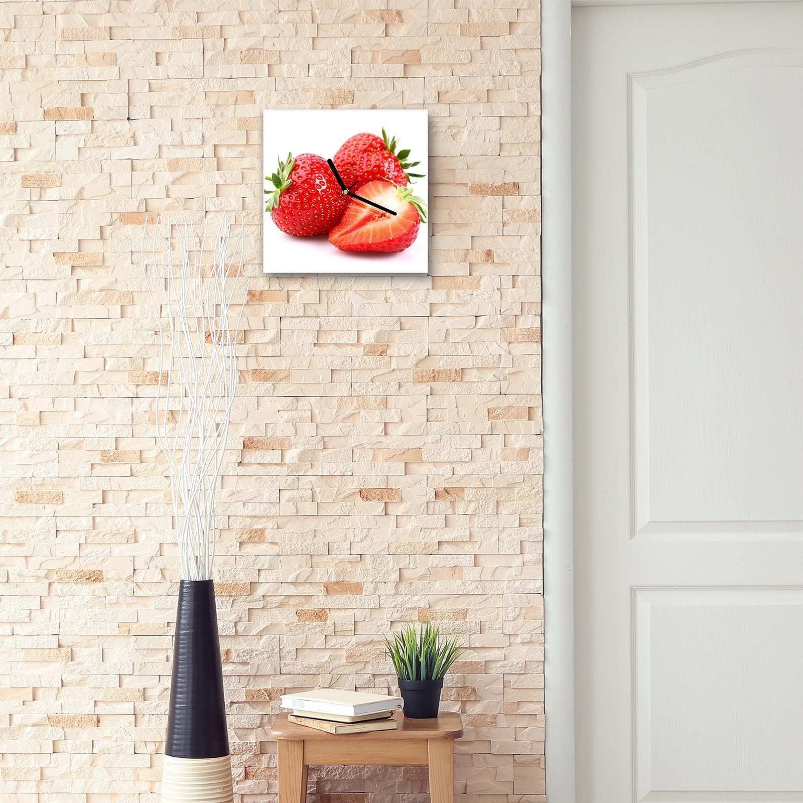 mit Größe Frische Glasuhr 30 Erdbeeren Wanduhr Wandkunst cm Primedeco x Motiv Wanduhr 30