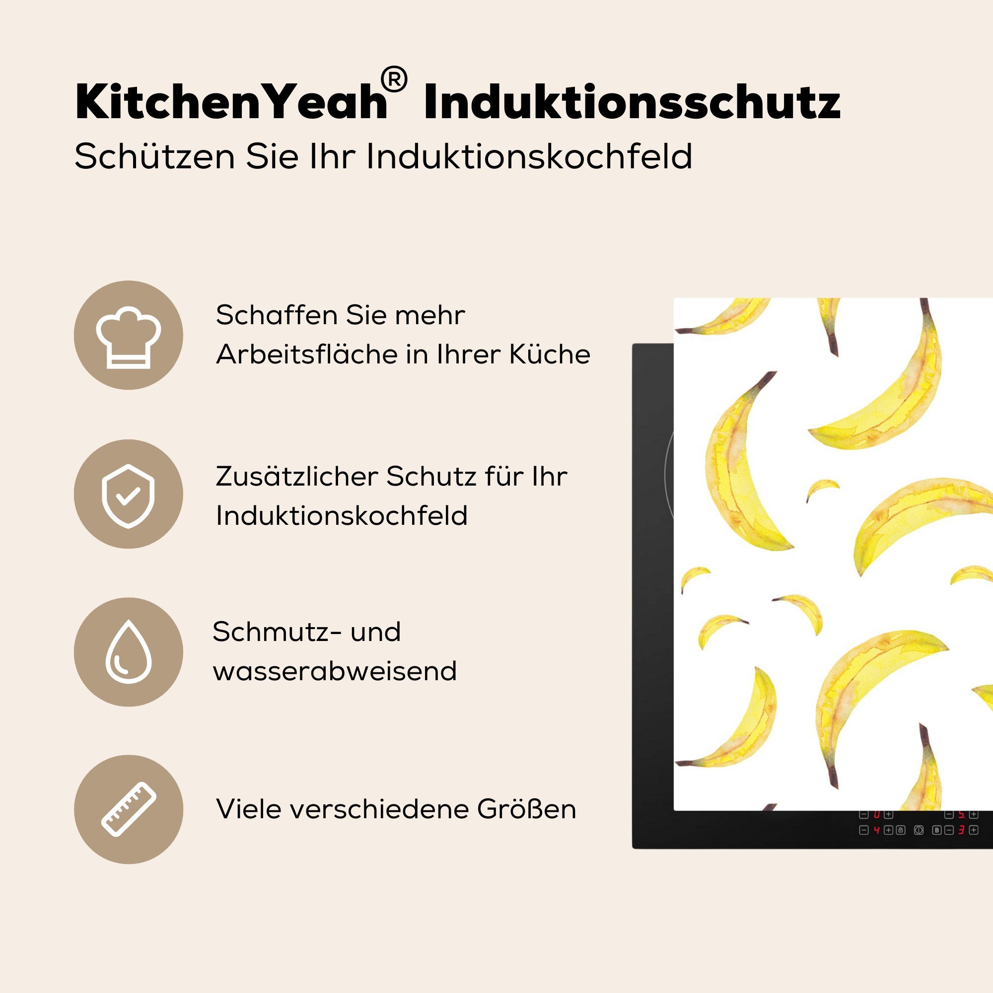 Schutz cm, - Obst für Ceranfeldabdeckung Vinyl, (1 küche, MuchoWow Induktionskochfeld Bananen Weiß, die 81x52 - tlg), Herdblende-/Abdeckplatte