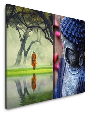 Sinus Art Leinwandbild 2 Bilder je 60x90cm Buddha Mönch Natur Meditation Achtsamkeit Entspannend Beruhigend