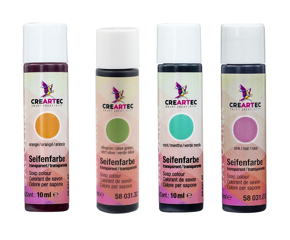 CREARTEC Farbpigment Seifenfarben Transparent - 4er Set - Orange, Oliv, Mint, Rosé, zum Herstellen farbiger Seifen - Made in Germany