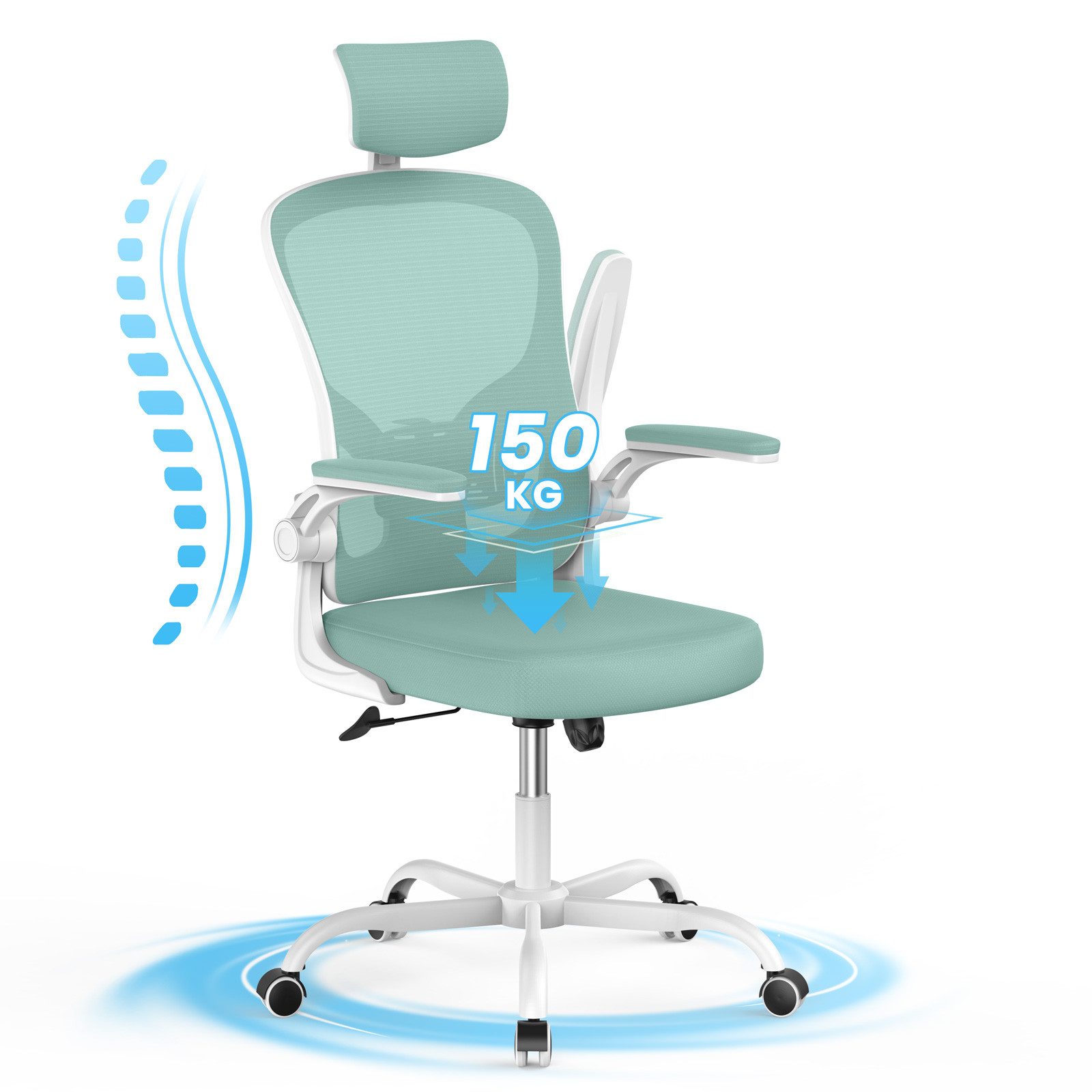 Gywowken Drehstuhl - Ergonomisch Bürostuhl - Schreibtischstuhl mit 120° Wippfunktion, - Verstellbare Kopfstütze - Armstütze und Höhen - Bis 150kg