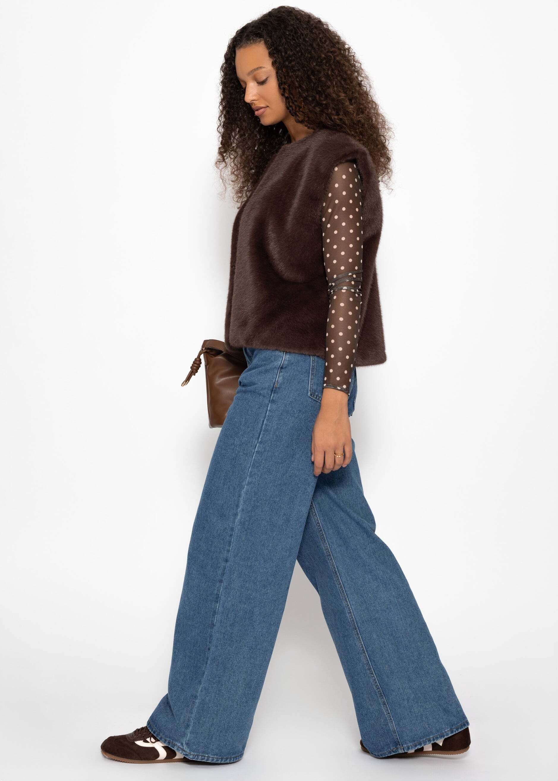 SASSYCLASSY Langarmshirt Mesh Langarmshirt mit Punkten für Damen Anliegendes Shirt aus Mesh mit gefütterter Vorderseite Beige Schwarz