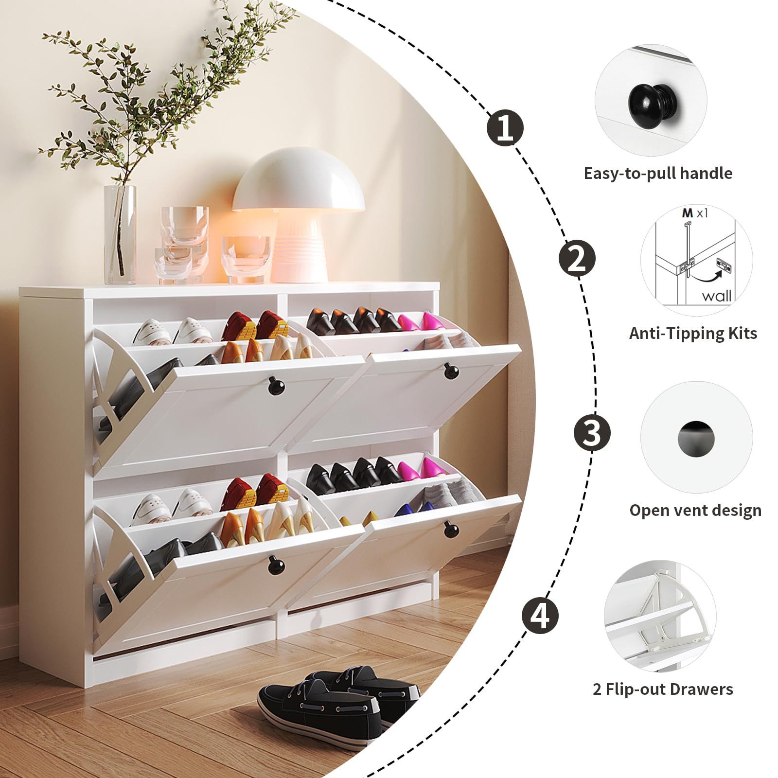 VOWNER Schuhschrank mit 4 Klappen, schmaler, 8 Fächer