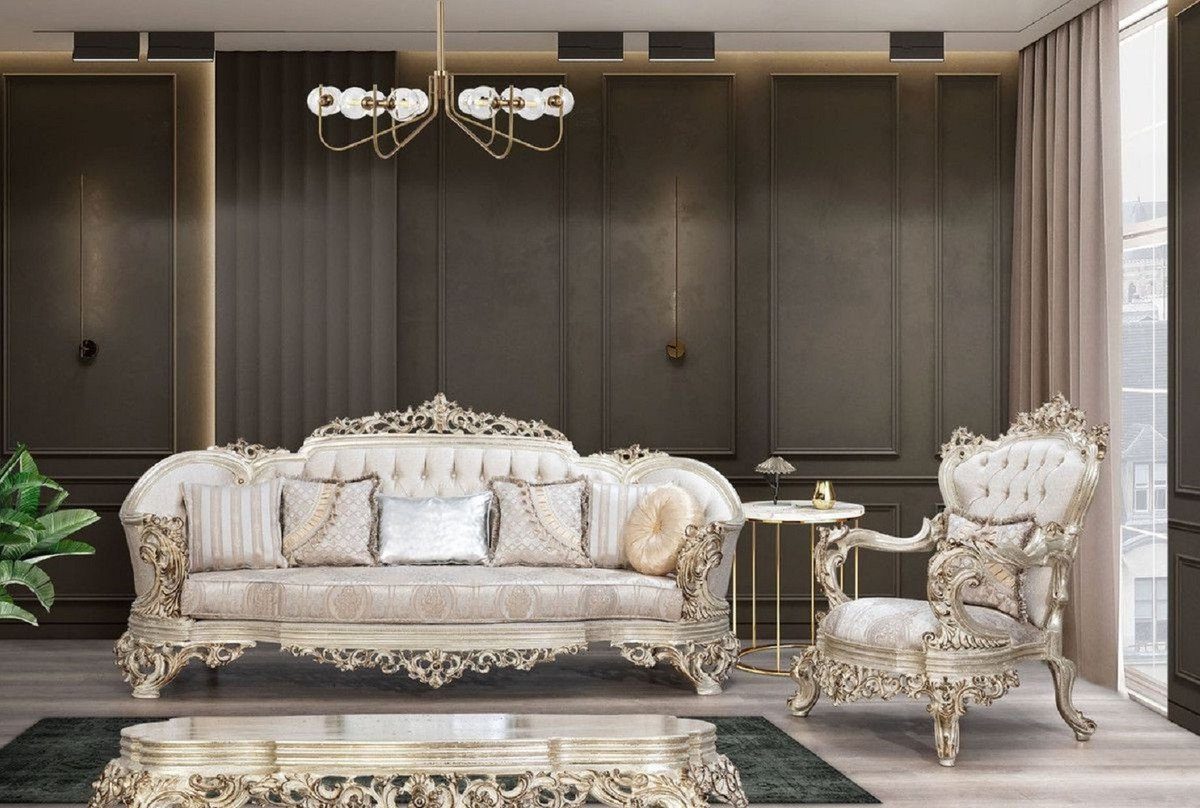 Casa Padrino Sofa Barock Muster - elegantem Wohnzimmer Cremefarben Wohnzimmer mit Prunkvolles Barock Sofa / / Sofa Antik Luxus Gold Beige Möbel 