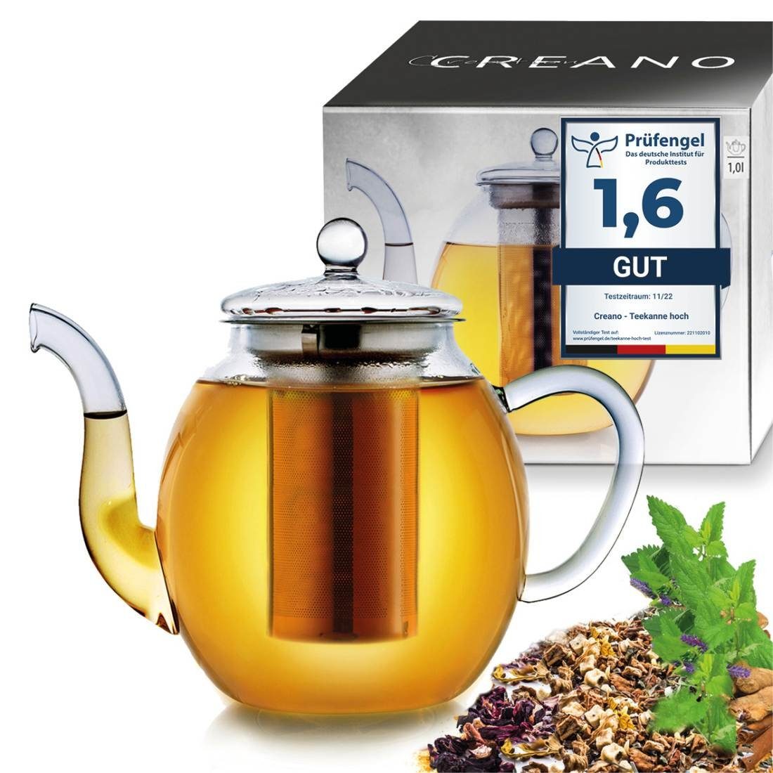 Creano Teekanne Creano Glas-Teekanne 1,0l, l, 3-teiliger integriertem, mit 1000 Glasteekanne Teebereiter 1x