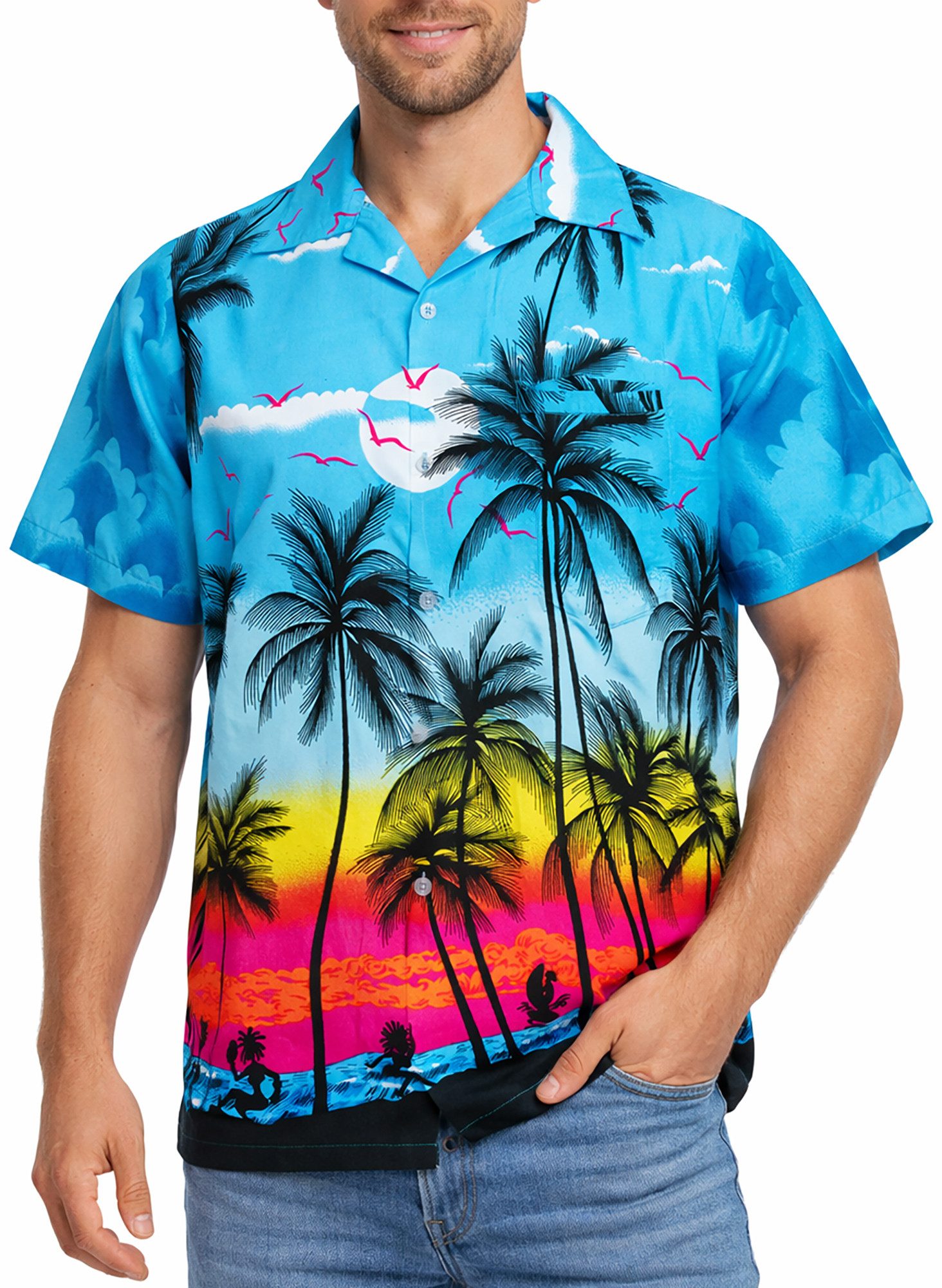 King Kameha Hawaiihemd "Beach" Funky Hawaii-Hemd Herren Kurzarm Front-Tasche Stylish