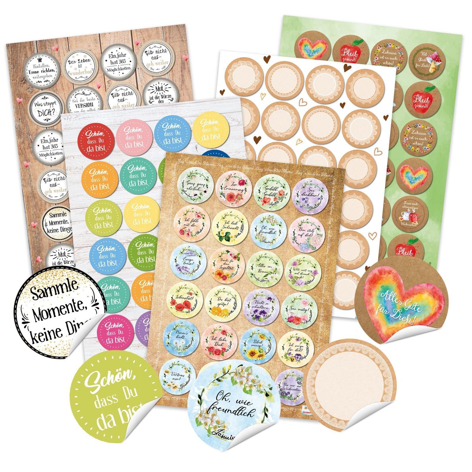 Logbuch-Verlag Aufkleber Buntes Aufkleber Set - 120 Sticker Sprüche + Blumen + Blankoaufkleber