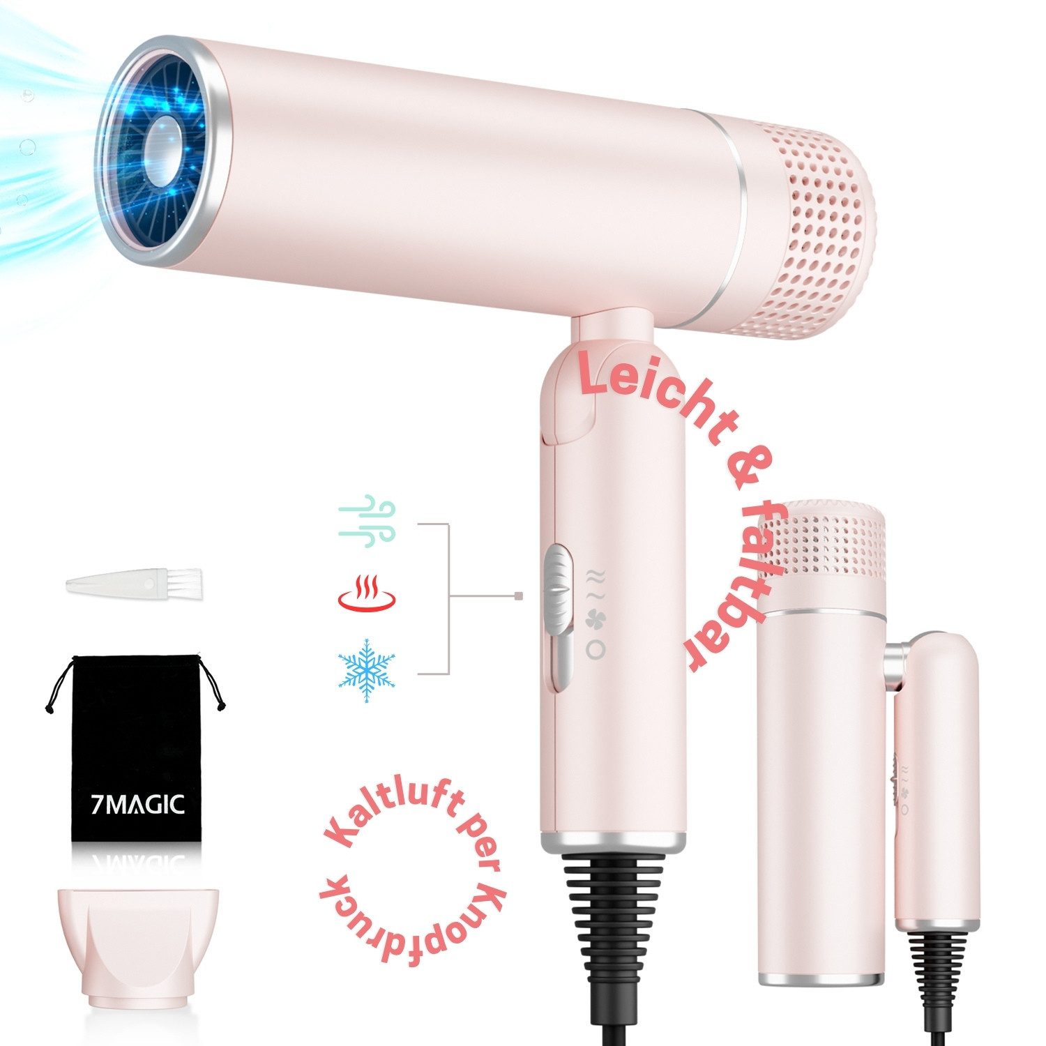 MCURO Reisehaartrockner Leicht faltbar Föhn für Reise und Alltag, 1600,00 W, 3 Temperaturstufen,2 Luftstärken,Kaltluftfunktion, mit Konzentrator oder Diffusor – faltbar, leise & reisefertig