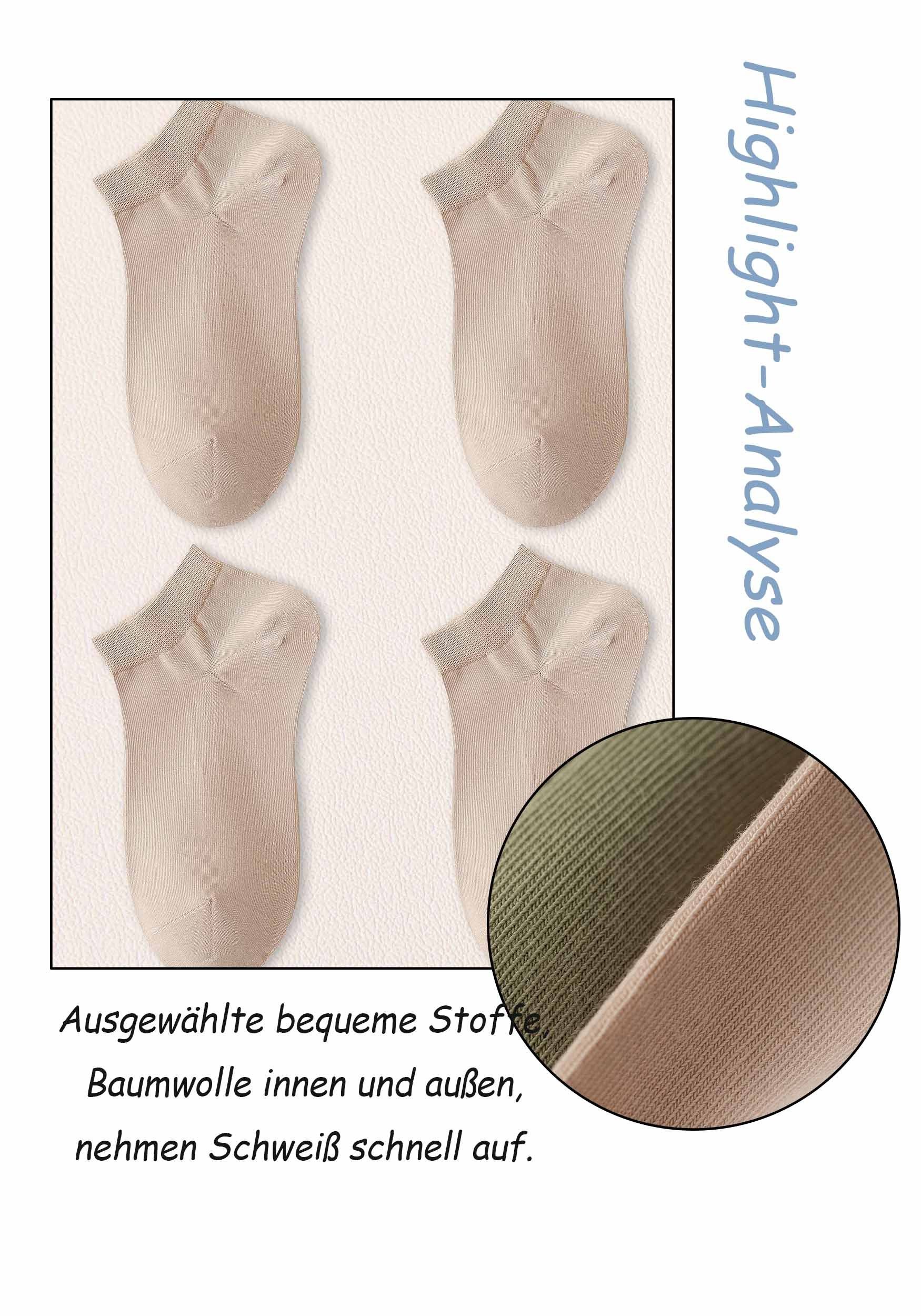 Socken Sneakersocken Invisible kein Socken– haltbar, (4-Paar) Damen atmungsaktiv,lange Verrutschen Freizeitsocken bequem warm, Khaki MAGICSHE