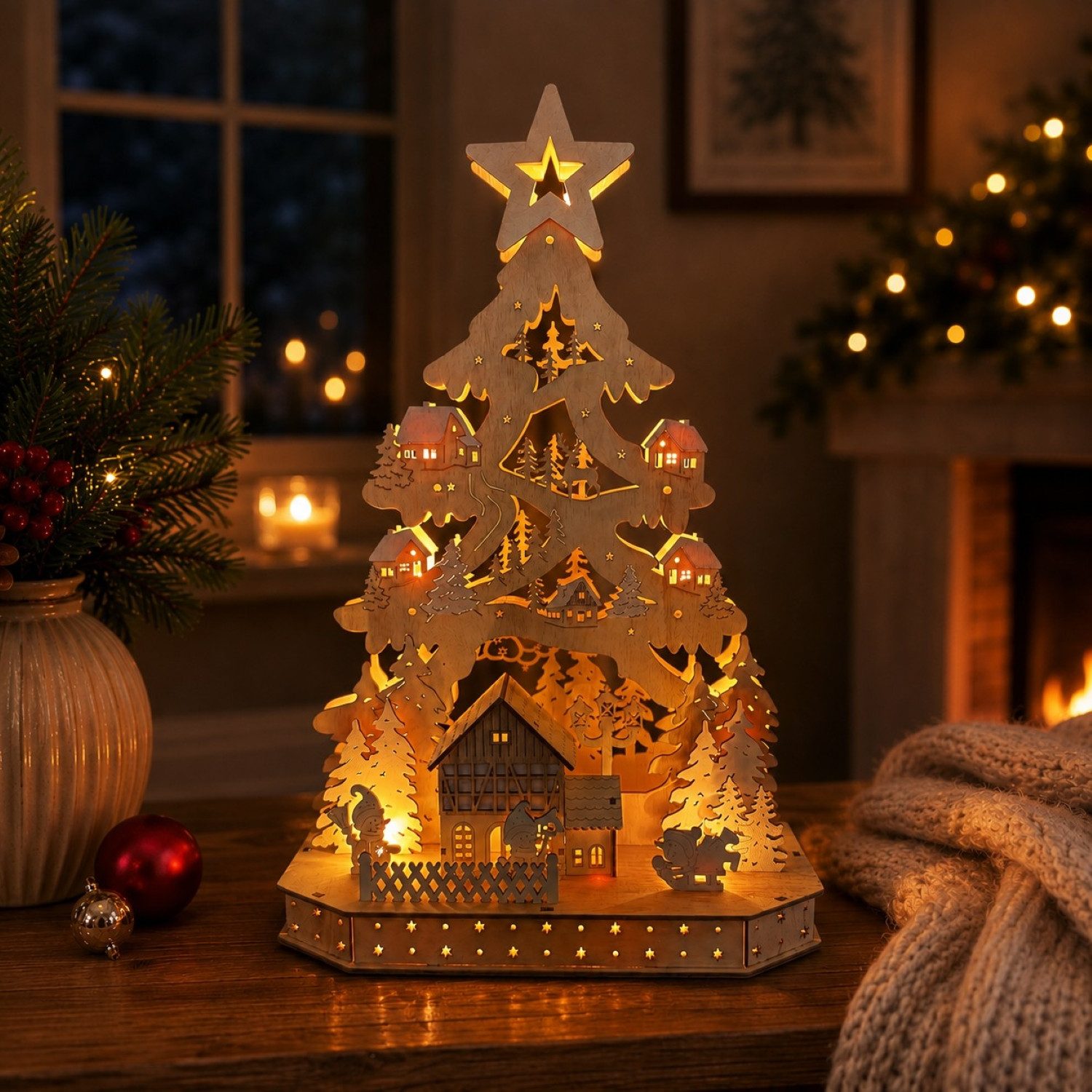 Online-Fuchs Lichterbogen mit LED-Lichterkette & 6-Stunden Timer - Lichterspitze Weihnachtsdeko, liebevoll gestaltete Winterlandschaft mit süßen Schneemännern