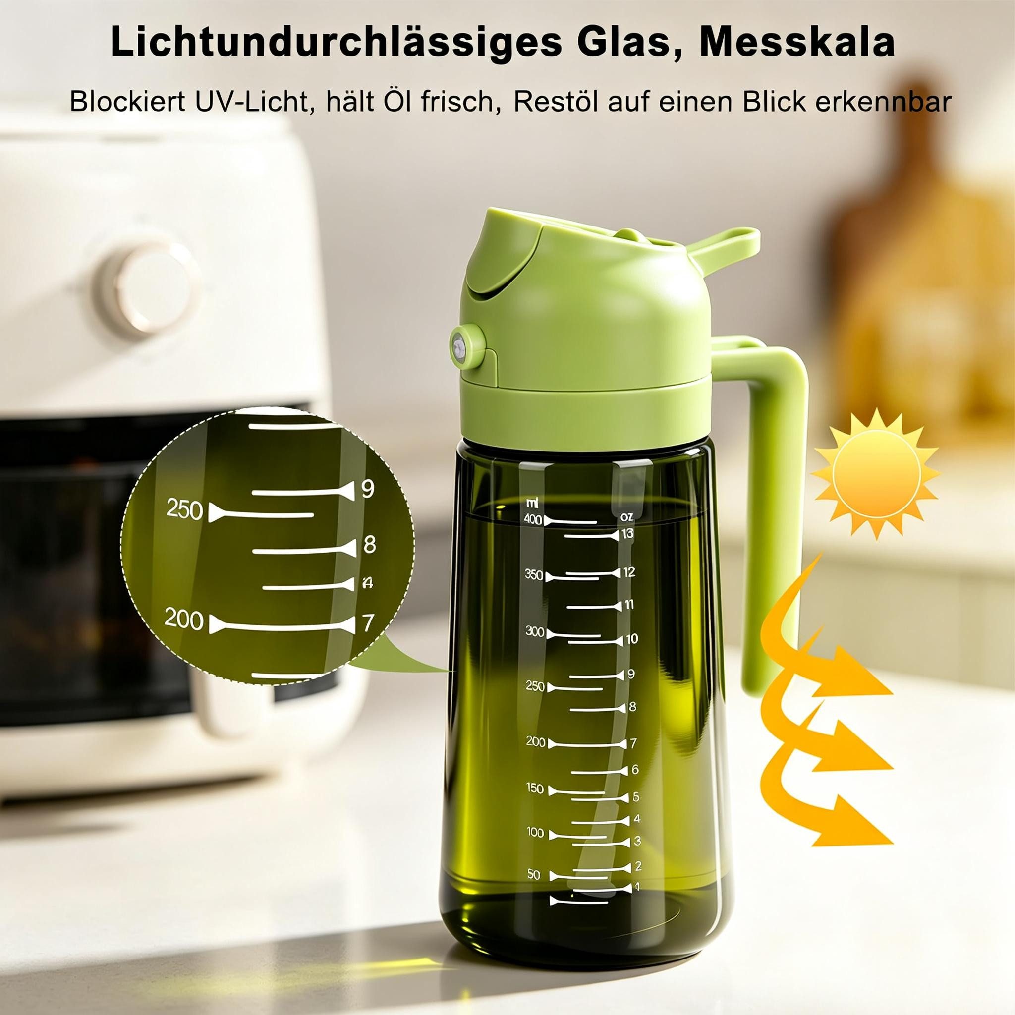 Kityhome Ölspender 2-in-1 Ölspender & Sprüher, 470ml, Glas, UV-Schutz, (2-tlg), Ölspender-Set,Sprühfunktion,Gießfunktion,470 ml *2 – Bild 3 von 5