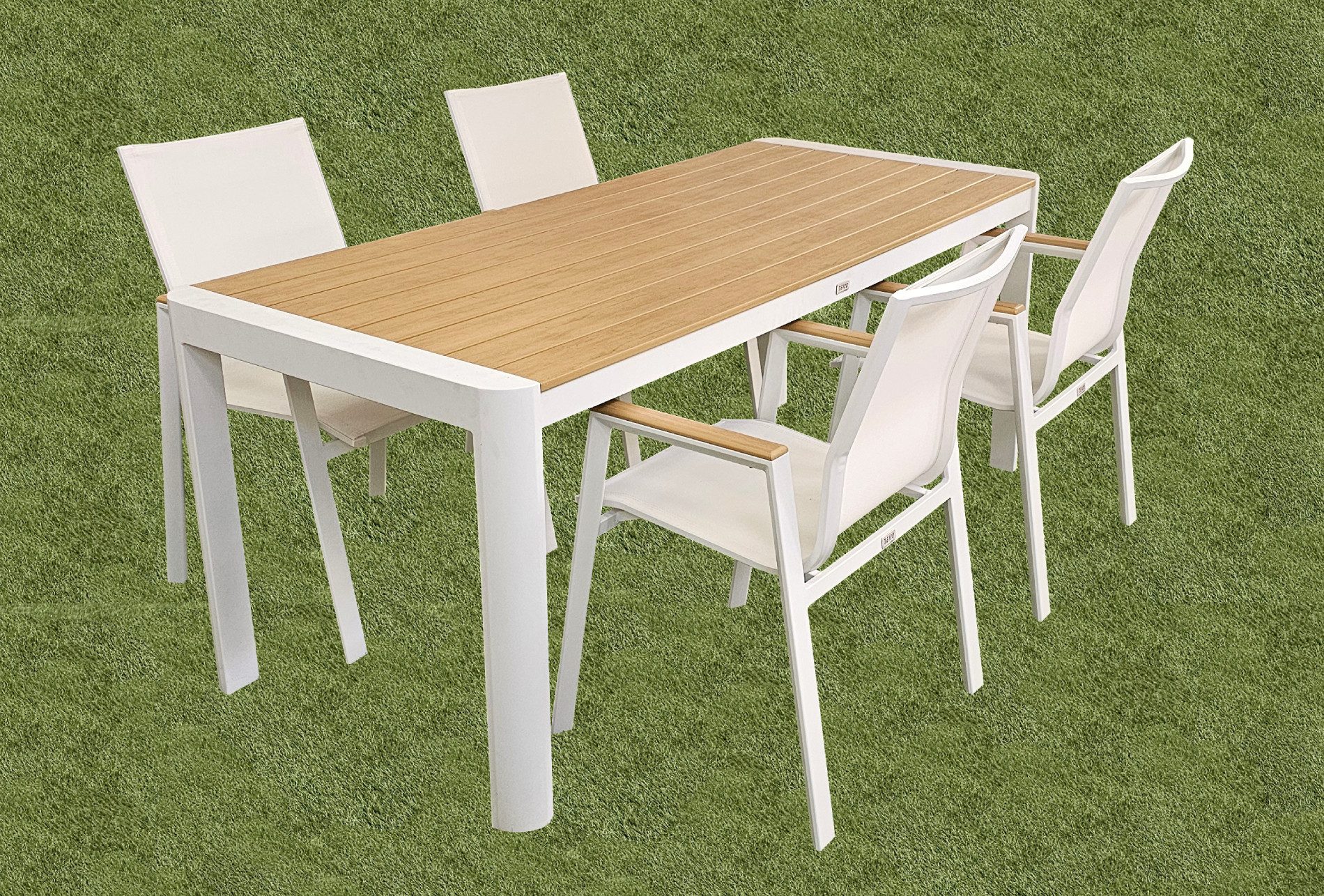 TEICO GROUP Sitzgruppe Gartenmöbel Alu/WPC 5-tlg. Gartengarnitur Gartenset, (5-tlg), alle Tischbeine höhenverstellbar, Стулья stapelbar