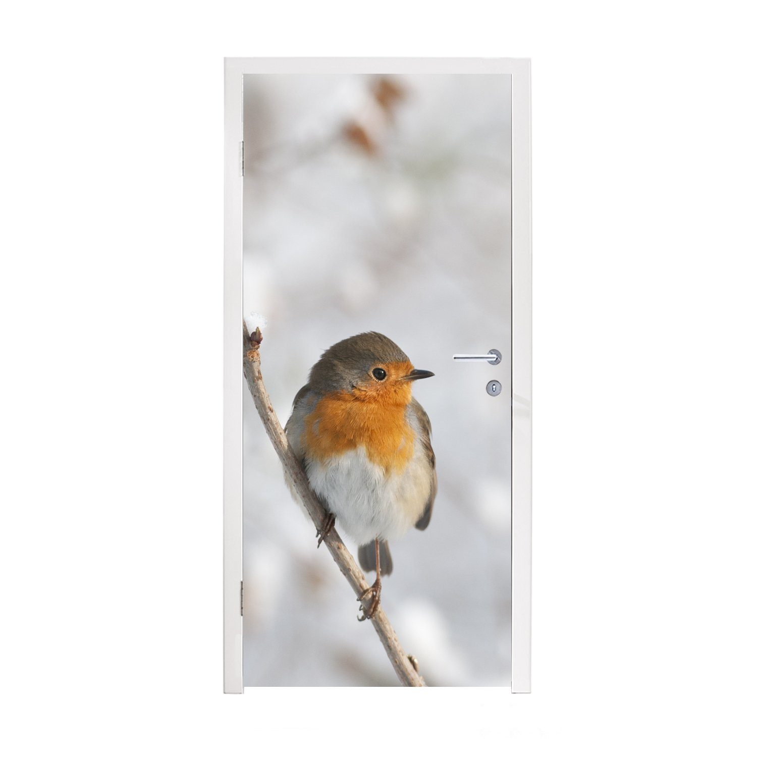 cm MuchoWow Winter, für - St), Vogel Türtapete (1 - Matt, Fototapete Rotkehlchen bedruckt, Tür, 75x205 Türaufkleber,