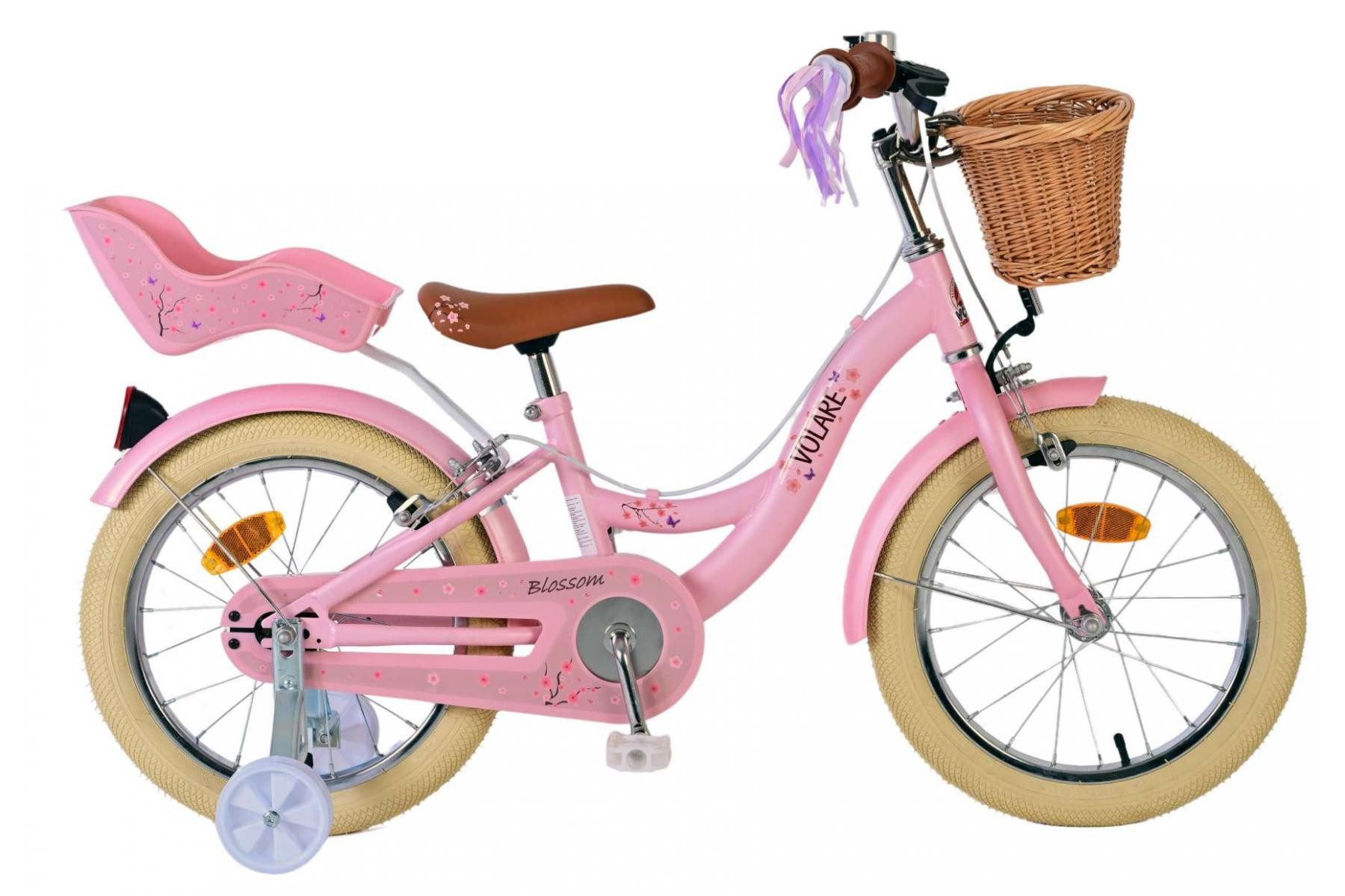 Volare Kinderfahrrad Volare Blossom - Mädchen - 16 Zoll - Rosa - Zweihandbremsen, abnehmbare Seitenräder, geschlossener Kettenschutz, Puppensitz