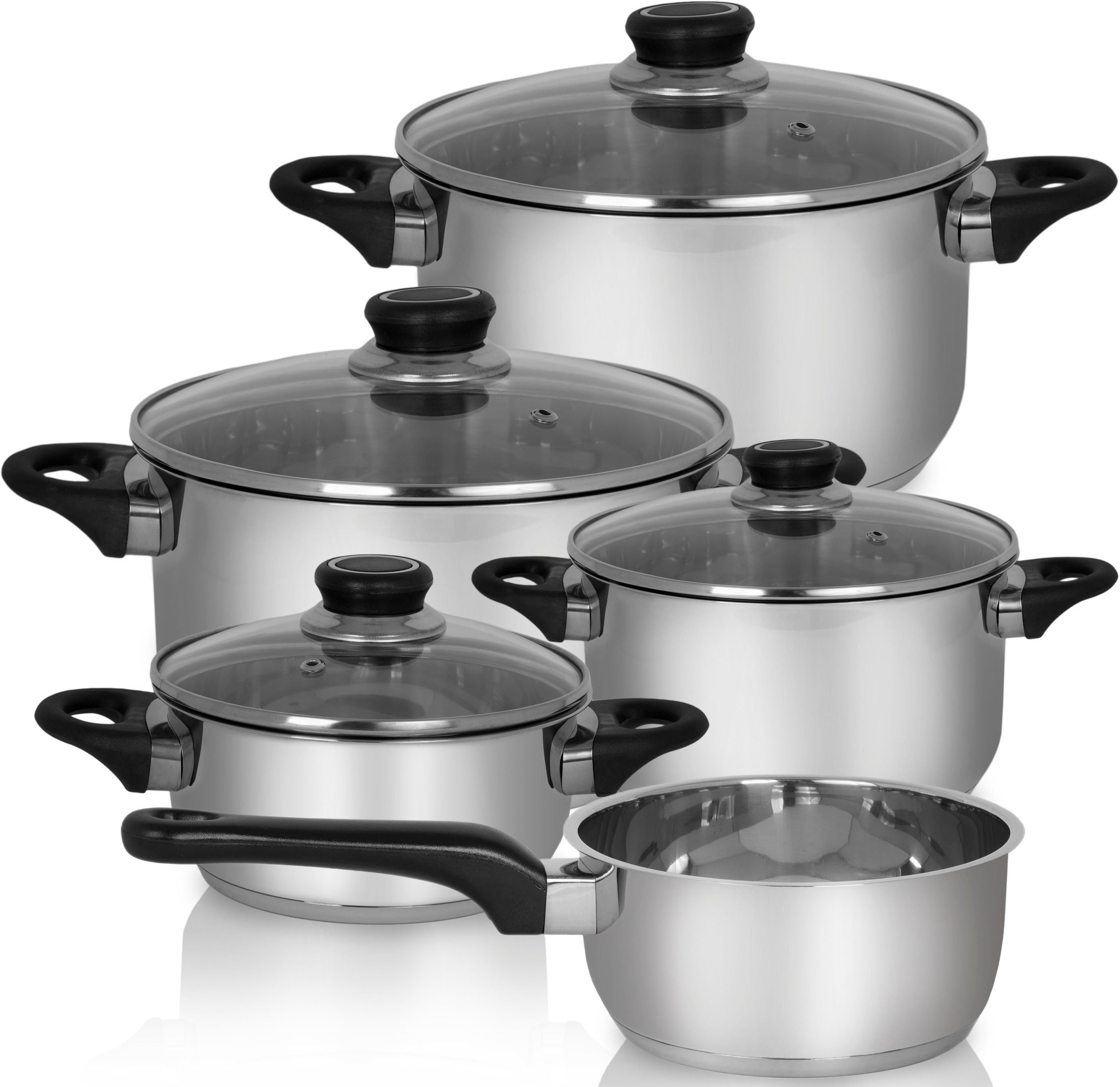 Krüger Topf-Set Apollo, Edelstahl (Set, 9-tlg., 1 Bratentopf Ø 16/20 cm, 1 Fleischtopf Ø 16/20 cm, 1 Stieltopf Ø 16 cm), für Induktions-Kochfelder geeignet