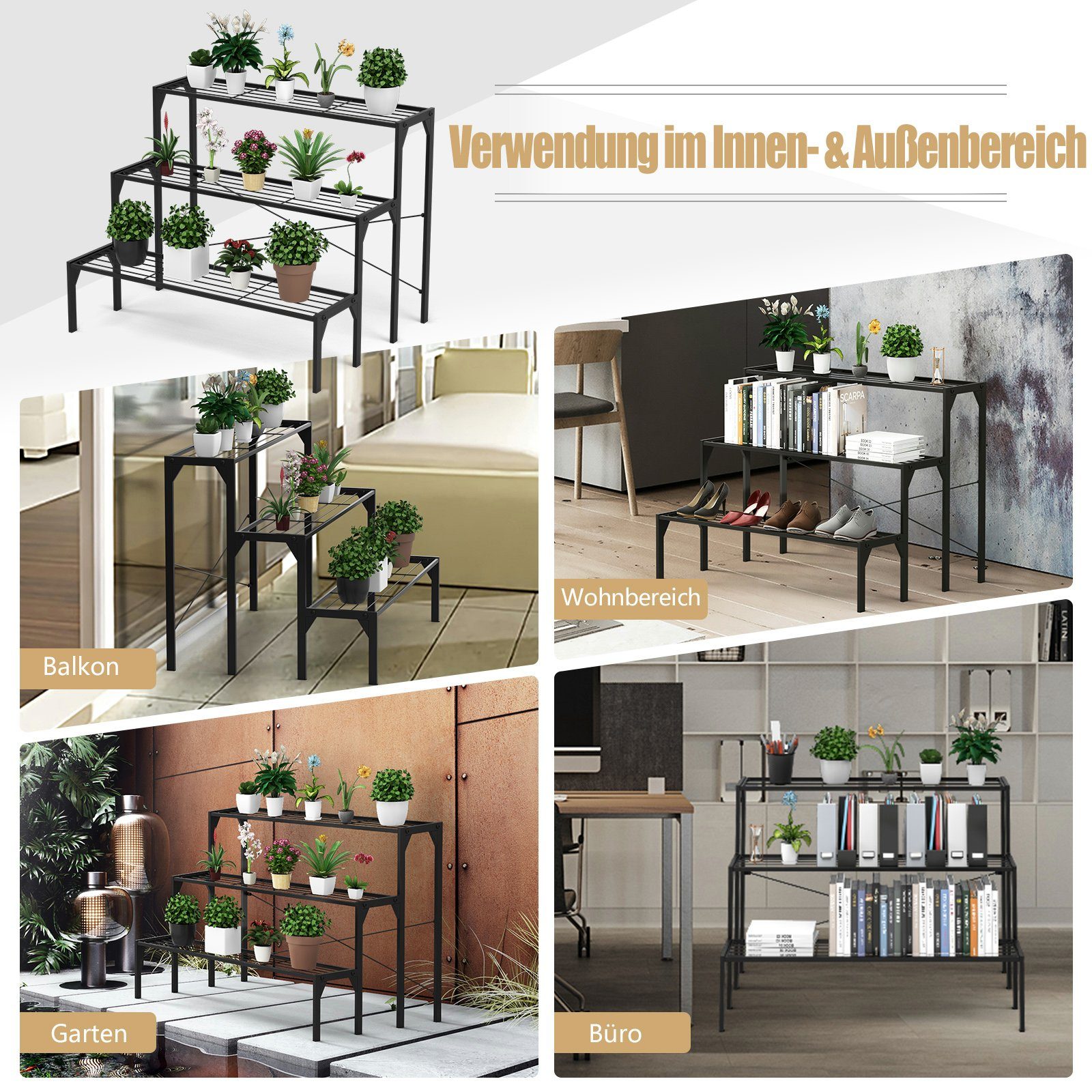 COSTWAY Pflanzentreppe, 3-stufiger Metall Blumentreppe, belastbar bis 30 kg