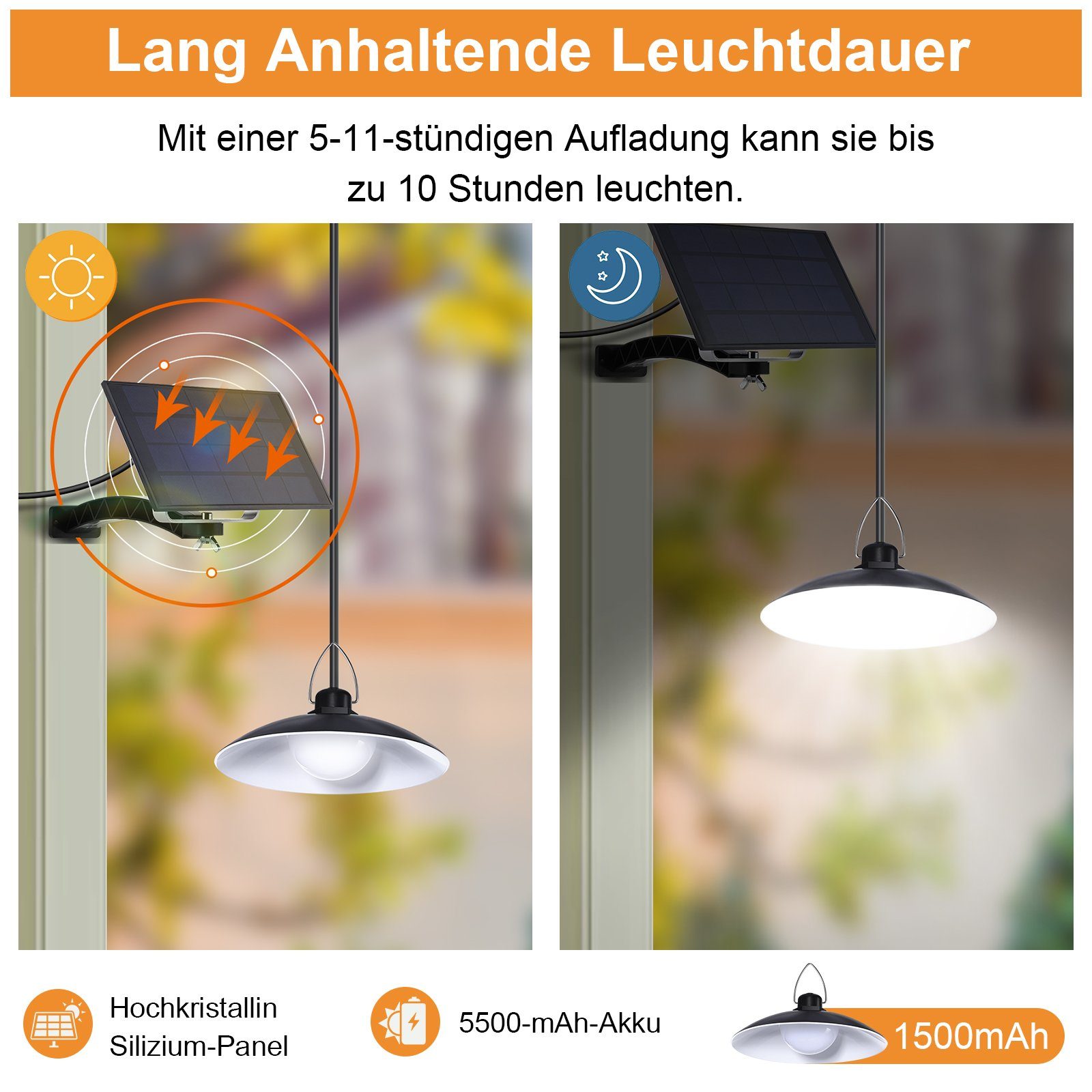 Rosnek Außen-Deckenleuchte Outdoor Solar Pendant Weiß IP65 Lights Waterproof 1/2/3/4 Head,with Remote with Control, Dimmable,Timer