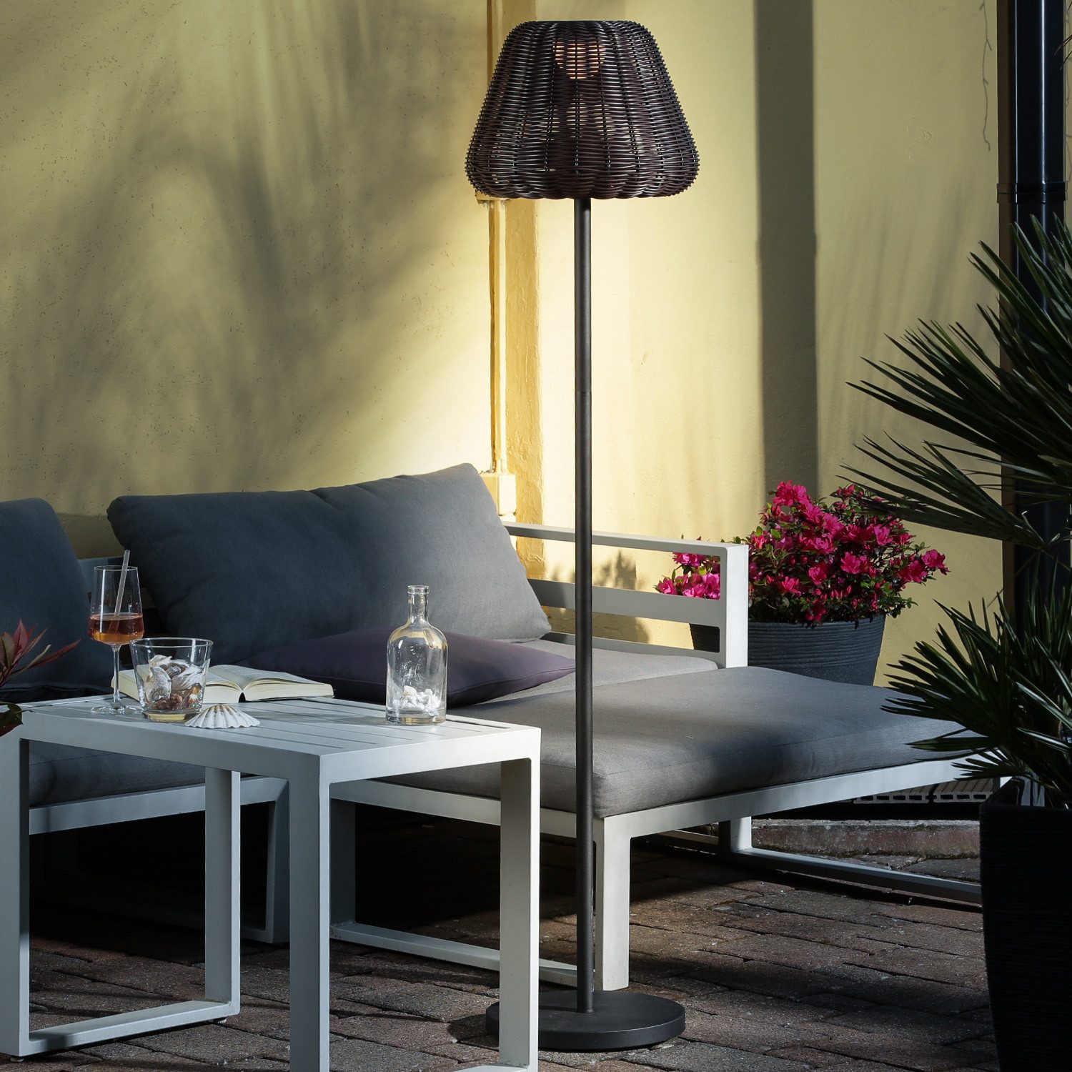 MARELIDA LED Außen-Stehlampe LED Garten Stehleuchte Korboptik Rattanoptik dimmbar aufladbar Fernb., LED Classic, warmweiß (2100K bis 3000K)