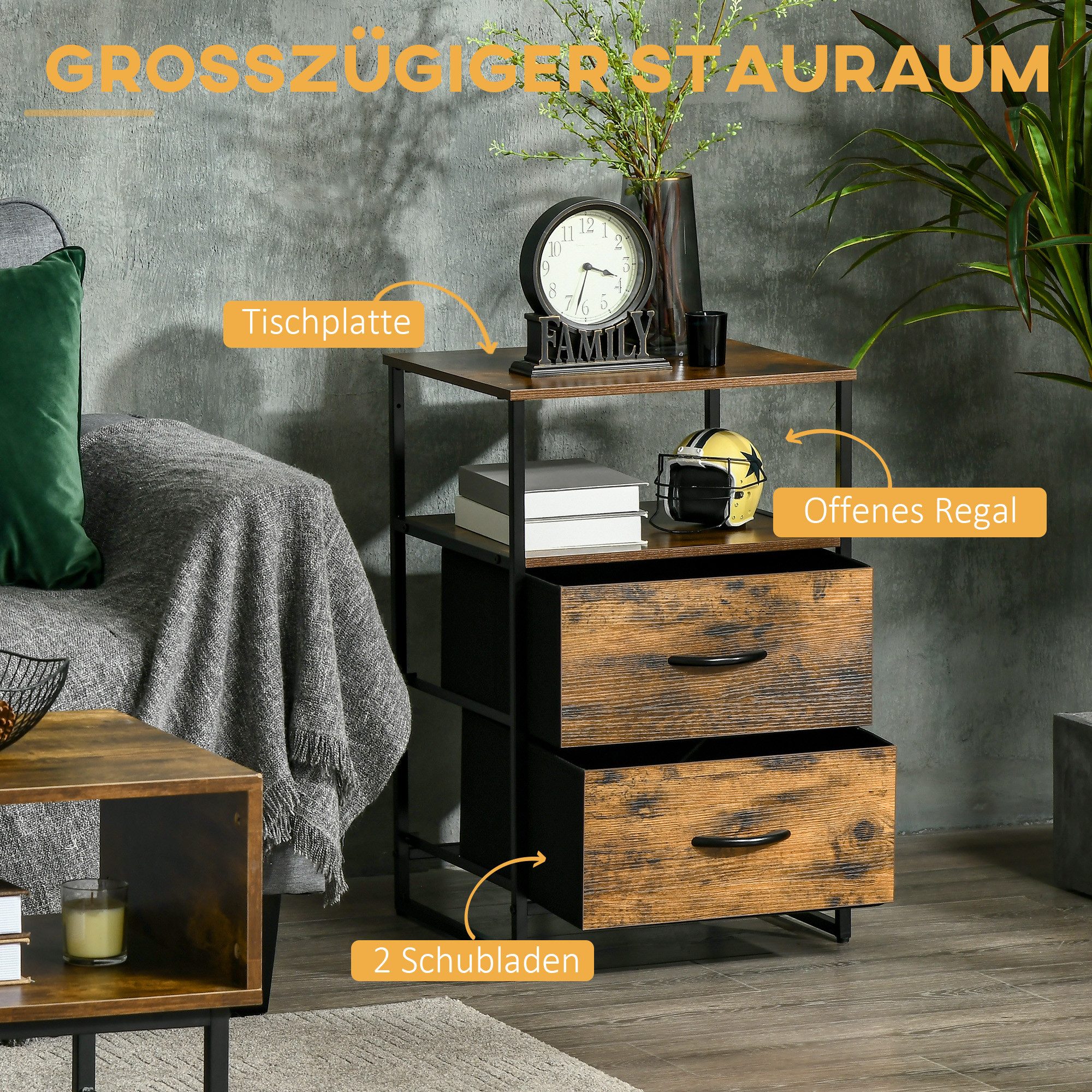 HOMCOM Kommode Stoff Aufbewahrungsschrank mit 2 Schubladen, Ablage Stahlgestell (Schubladenschrank, 1 St., mit Regal, Griff), für Wohnzimmer, Schlafzimmer, Rust – Bild 4 von 5
