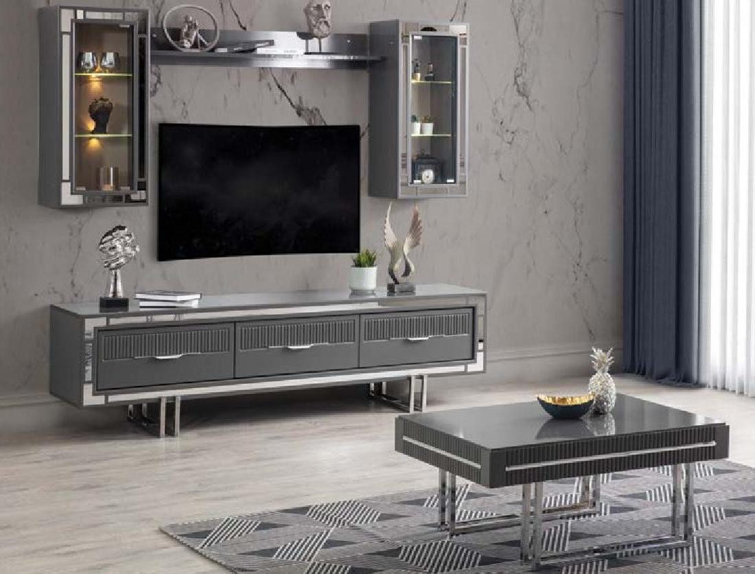 Xlmoebel TV-Schrank Grau Wohnwand mit TV-Ständer und Couchtisch Sofort (3-St., Set 3tlg TV-Ständer + Schranke + Couchtisch) Hergestellt in Europa