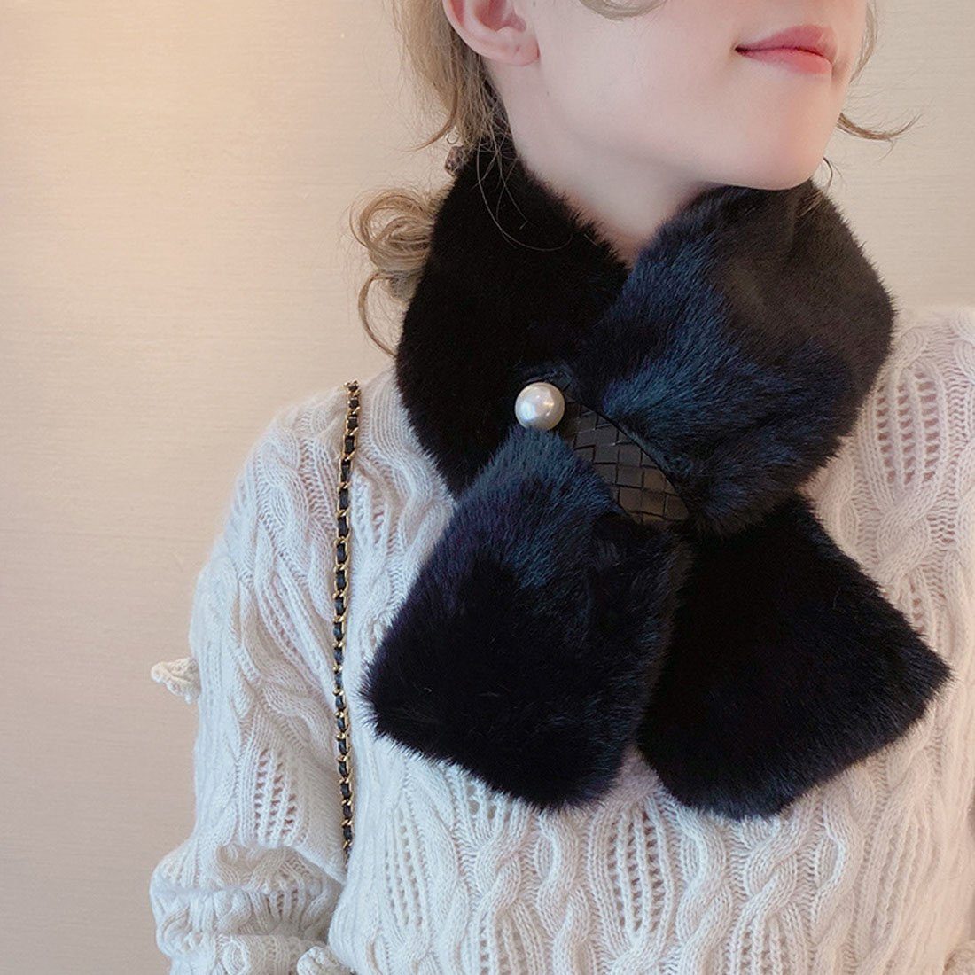 DÖRÖY Modeschal Women's Pearl Faux Fur Schwarz Warm Thickened Cross Winter Plüsch Schal, Schal