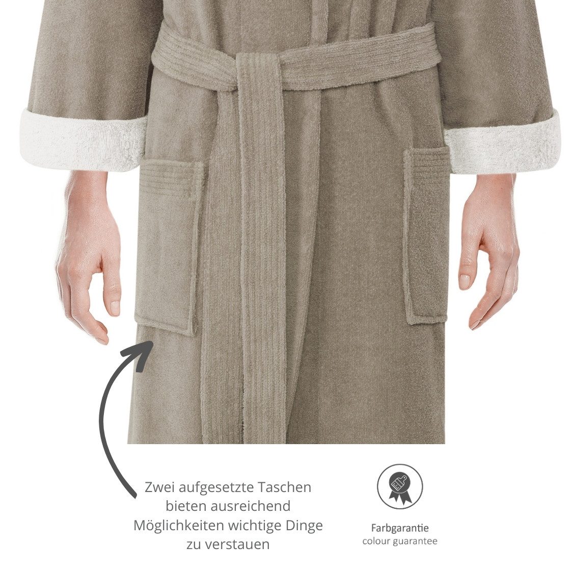 liebling Bademantel Rom, Baumwolle, Polyester-Mikrofaser, zwei aufgesetzte Taschen, Schalkragen, Bindegürtel, aus saugfähigem, sanftem Baumwoll-Frottier, hautsympathisch, weich