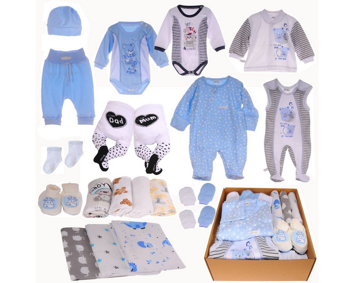 La Bortini Erstausstattungspaket Baby Set 20 Teile Body Hose Strampler Strumpfhosen Shirt Socken (Paket für Jungen, Bekleidung für Neugeborene, Geschenk zur Geburt) aus Baumwolle, ein Geschenk zur Geburt, Paket in Blau für Neugeborene