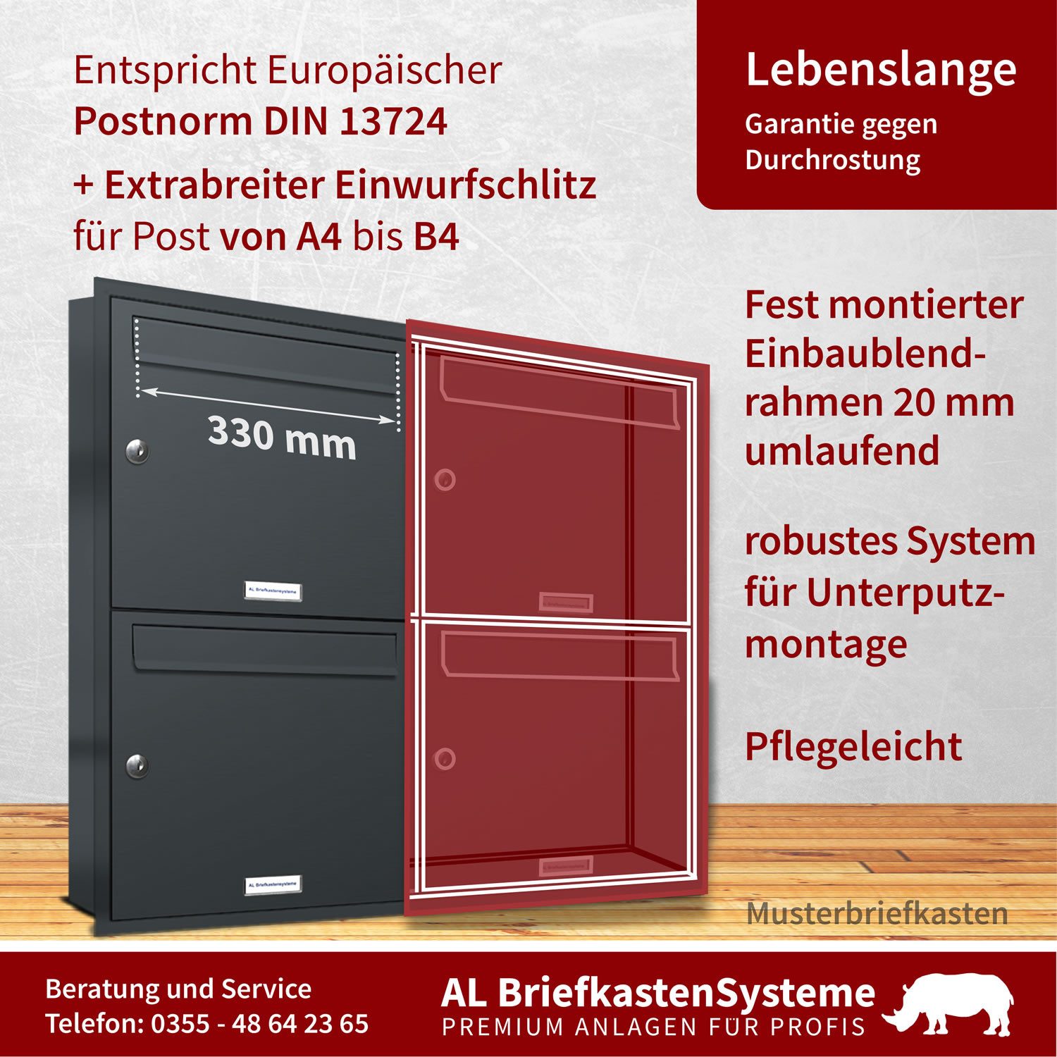 AL Briefkastensysteme Wandbriefkasten 2 Fach Premium Unterputz Briefkasten RAL 7016 Anthrazit wetterfest