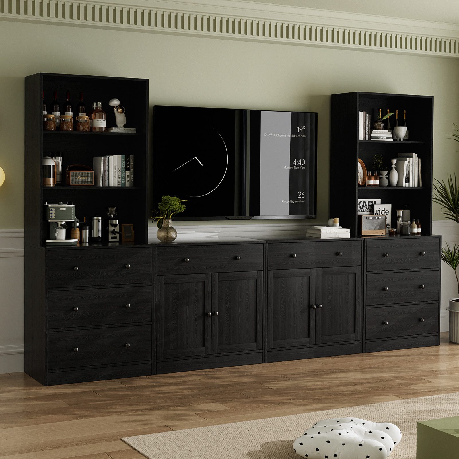 VOWNER TV-Schrank mit Bücherregalen für Fernseher bis zu 70 Zoll, 280 cm TV-Ständer (4-St) Wohnzimmer-Fernsehschrank mit gehärteten Glastüren und Einlegeböden
