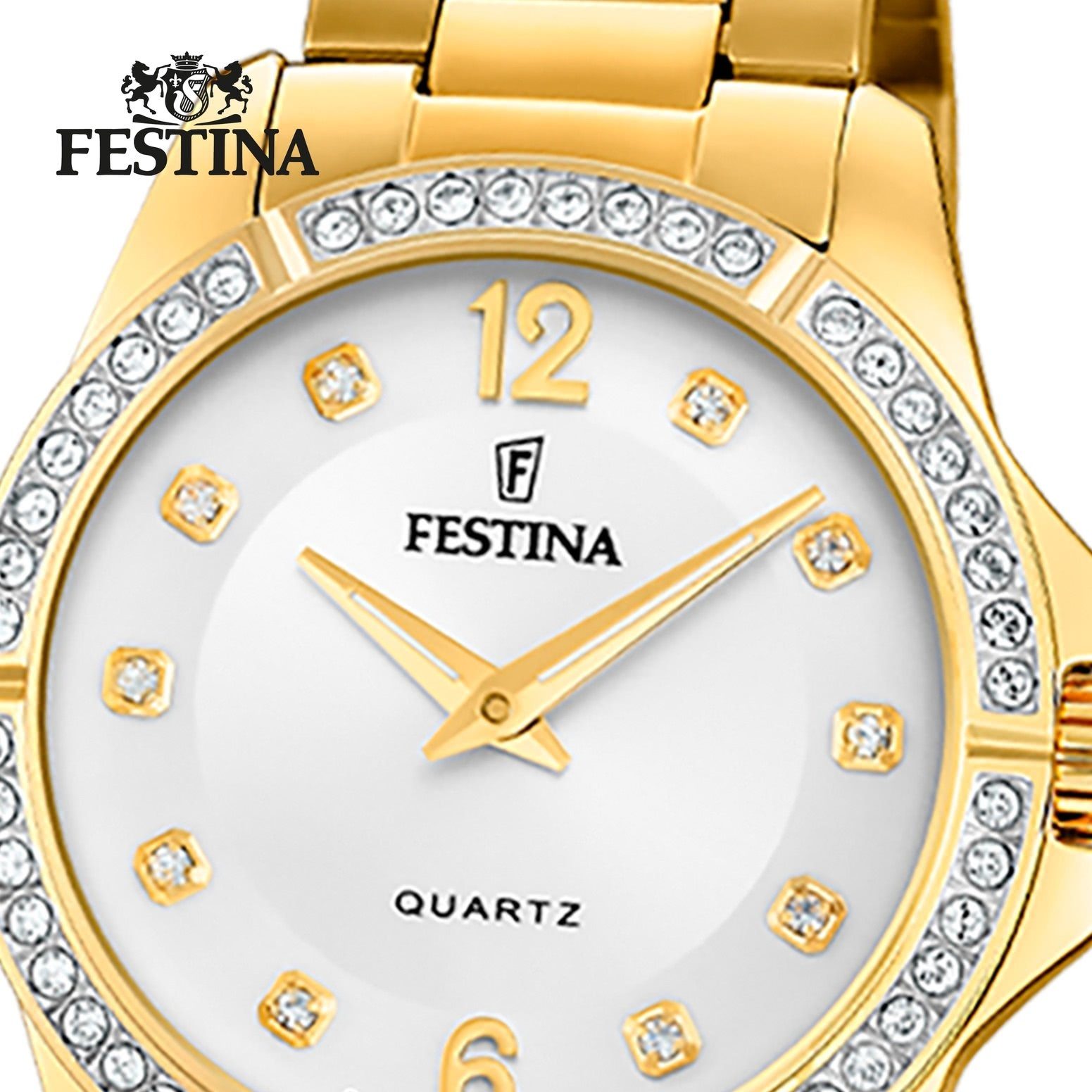 Festina Quarzuhr Festina Damenuhr Mademoiselle, (Analoguhr), Damen Armbanduhr rund, Edelstahlarmband gold, Fashion