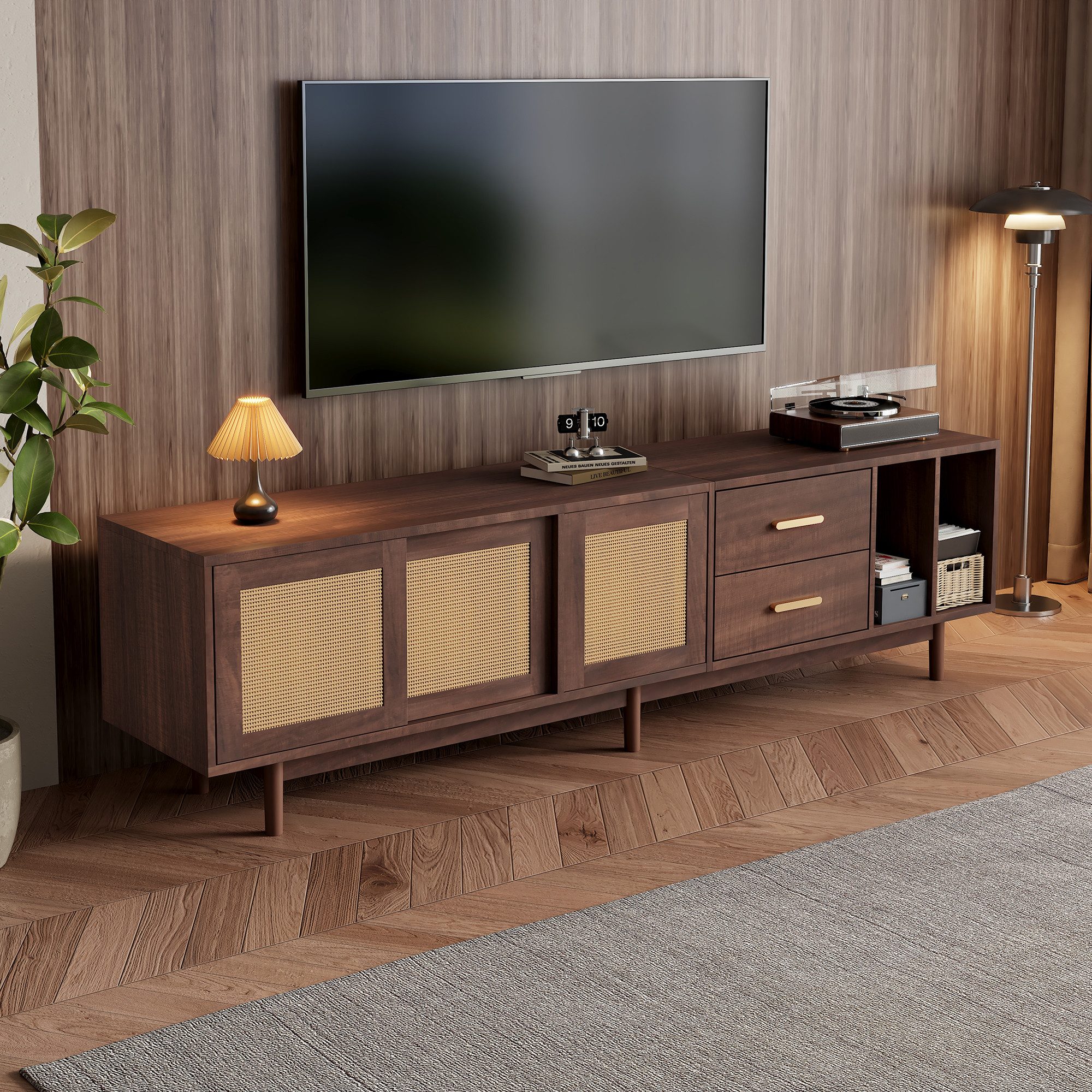 Merax Lowboard Rattan Fernsehtisch (1 St), TV-Schrank mit Rattan-Schiebetüren,Schubladen & 6 Holzbeinen,B:190cm – Bild 4 von 5