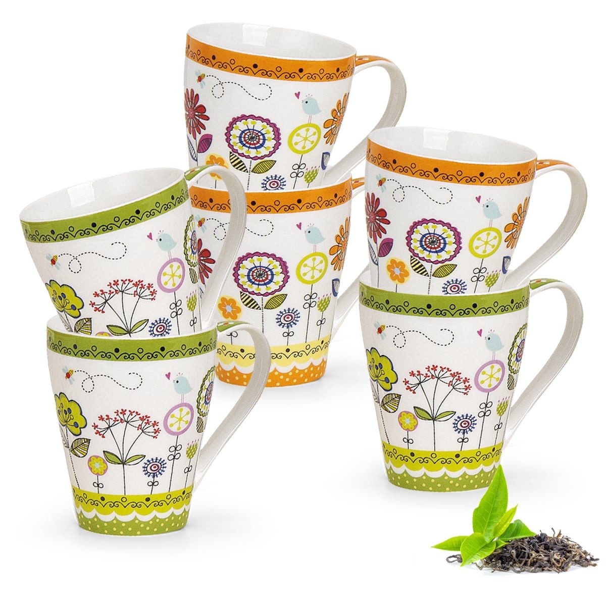 matches21 HOME & HOBBY Tasse Kaffeetassen 6er Set Blumen und Vögel Frühling Sommer, Porzellan, Tee Kaffee-Becher, modern Vintage, orange & grün, 300 ml