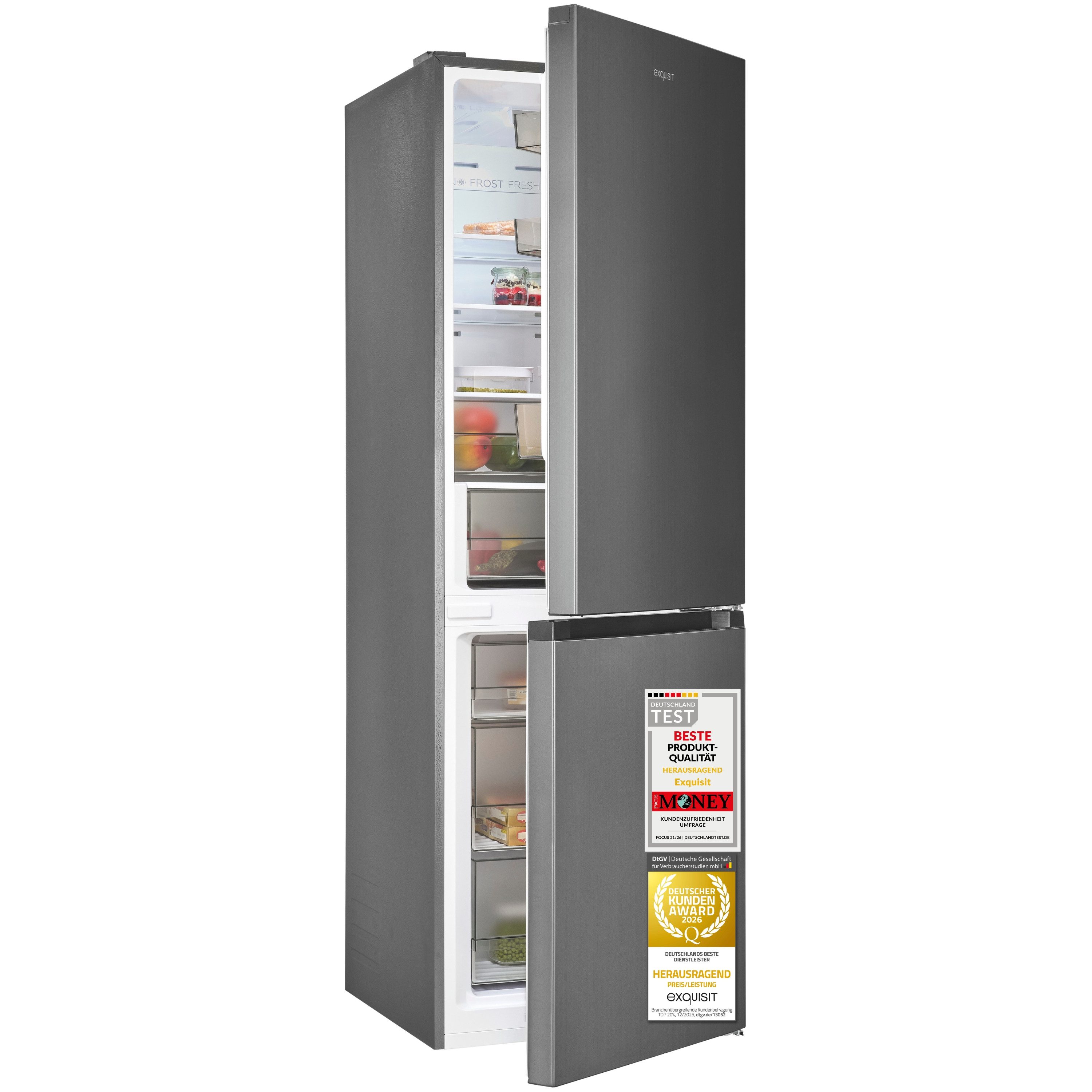 exquisit Kühl-/Gefrierkombination KGC5340-115-NF-040C, 186 cm hoch, 59,5 cm breit, 337 l Nutzinhalt gesamt, 4 Sternefach, Energieklasse C, 39 dB