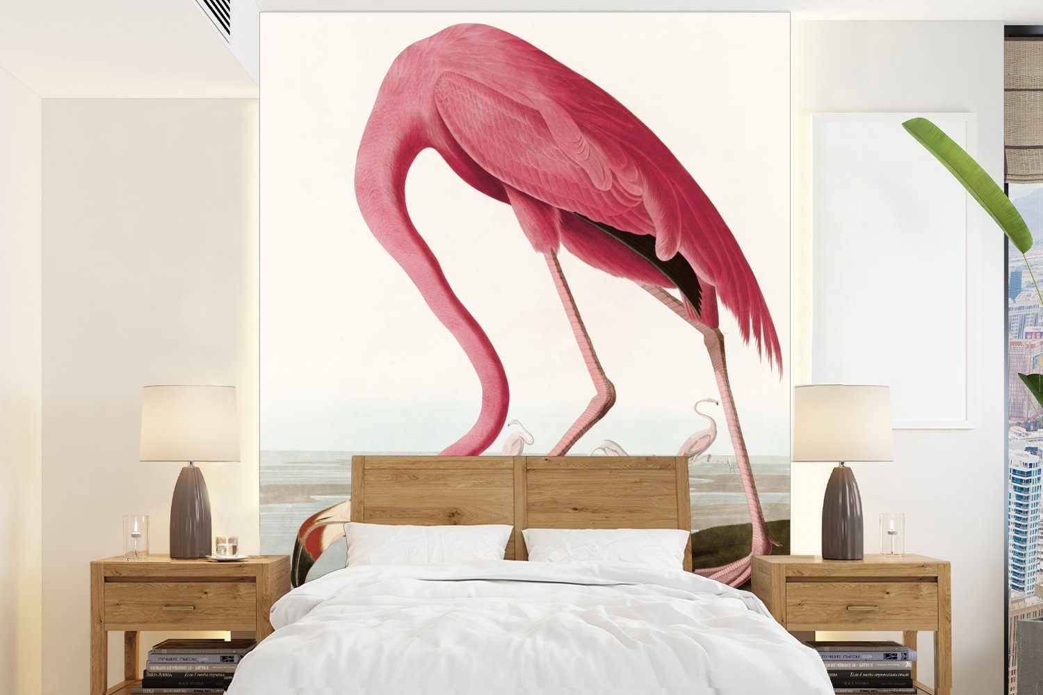 - - für Wohnzimmer, Wasser Tapete Wandtapete Vintage - Matt, MuchoWow Montagefertig Flamingo Fototapete - (4 Rosa, Vinyl St), bedruckt, Vogel