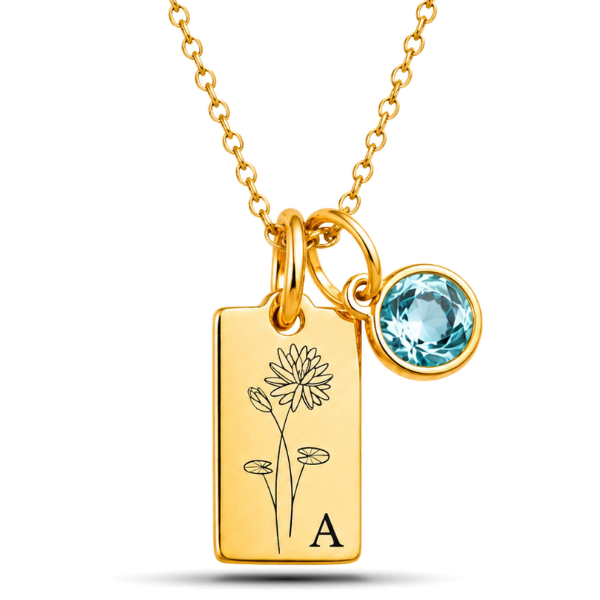 BS Schmuckdesign Kette mit Anhänger mit Gravur Personalisierte Halskette Damen mit Gravur Monatsblume Initiale (inkl. Geburtsstein), inkl. Geschenkbox