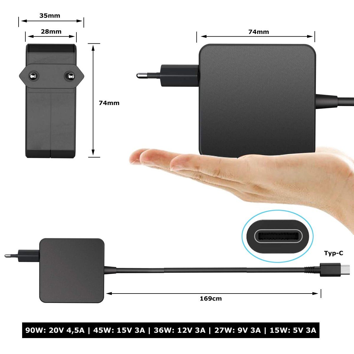 Bolwins B28C 90W USB C Netzteil PD USB Type C Ladegerät für 20V 15V 12V 9V 5V Universal-Ladegerät (4500 mA, Packung, 1-tlg., 1x 90W Spannung Wandler Steckdose Ladegerät mit USB-C Stecker, 90W USB-C Ladegerät)