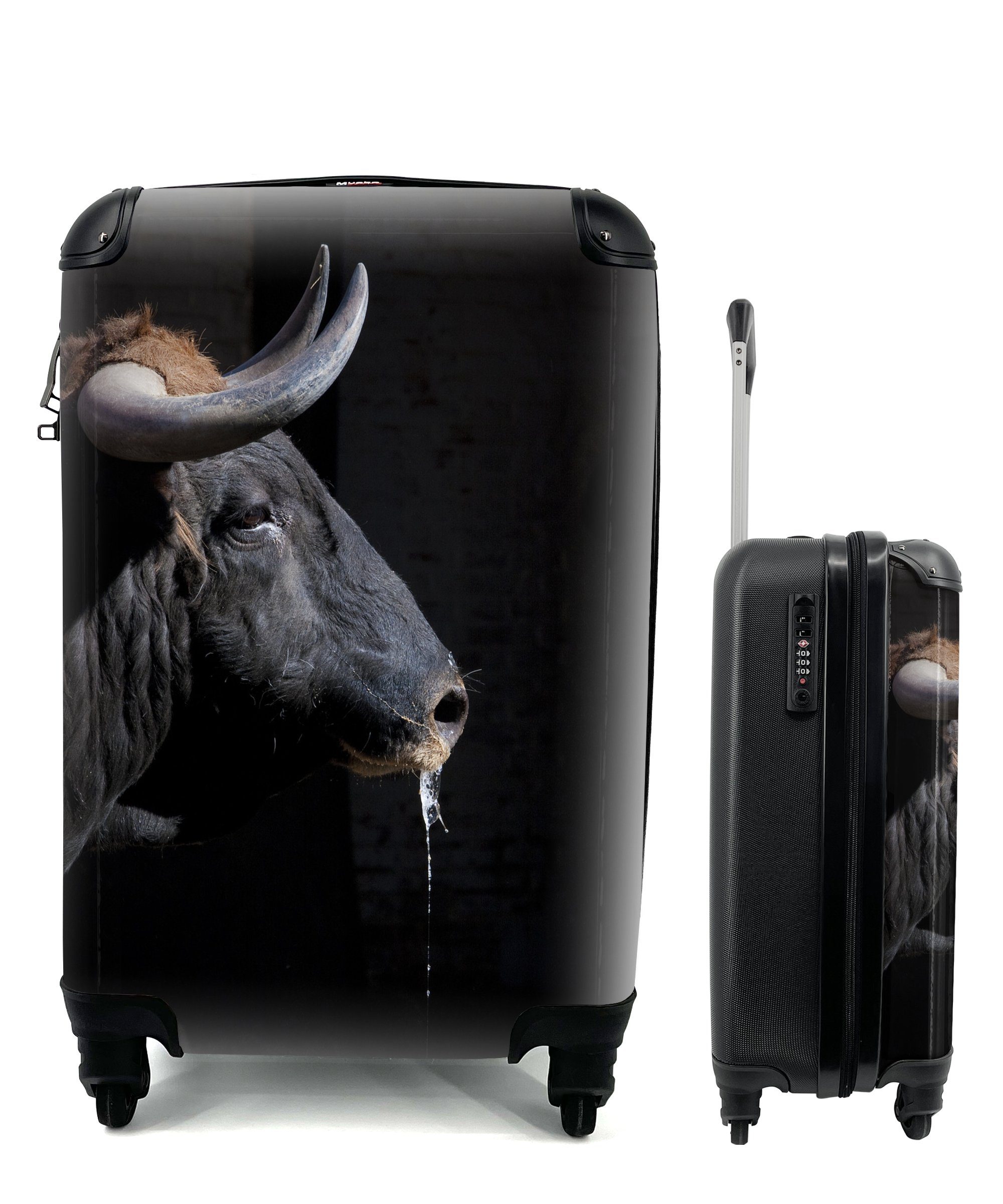 MuchoWow Handgepäckkoffer Ein schwarzer Stier mit Hörnern auf schwarzem Hintergrund, 4 Rollen, Reisetasche mit rollen, Handgepäck für Ferien, Trolley, Reisekoffer