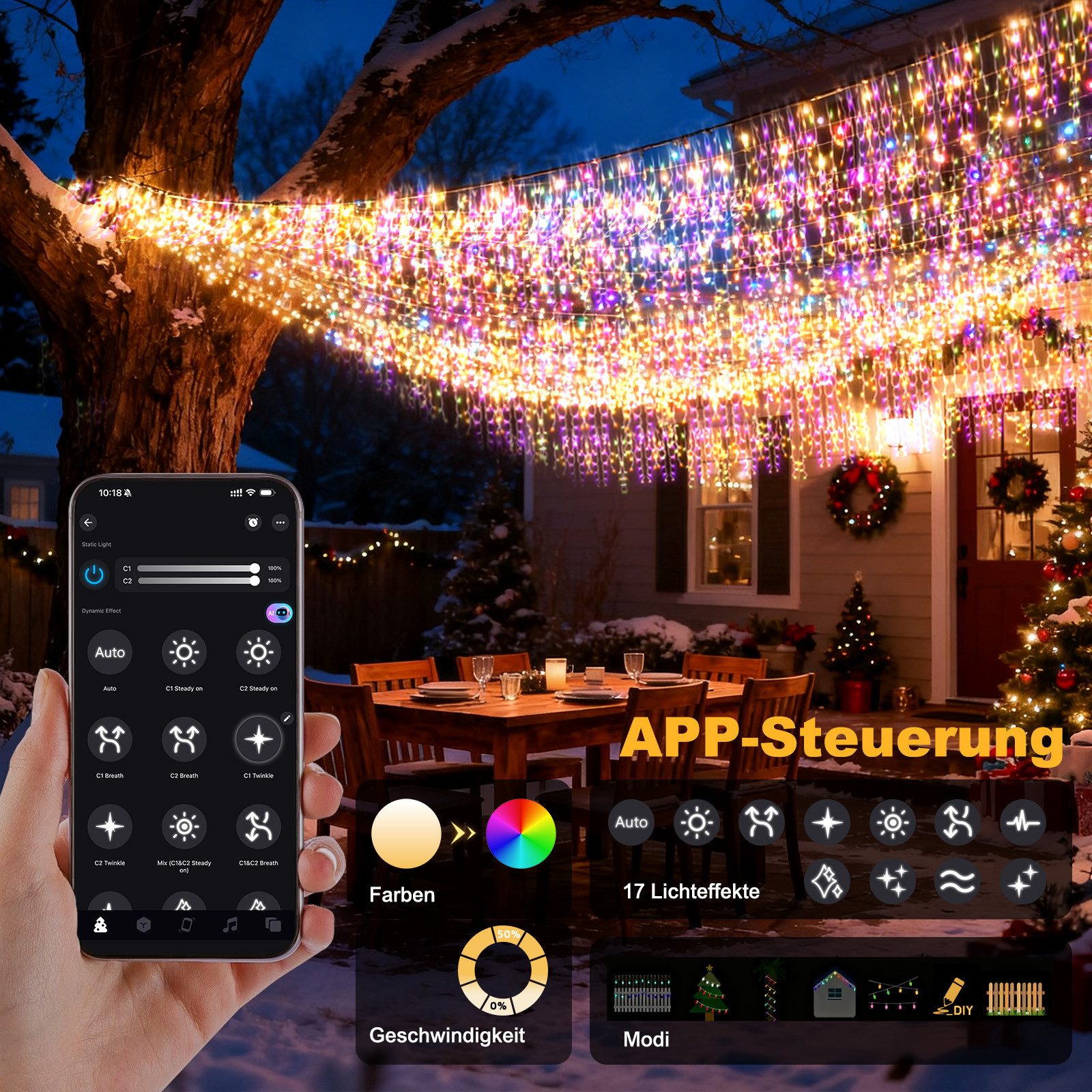 Circlio LED-Lichtervorhang 5-45m LED Eiszapfen-Lichterkette Außen mit App, Timer & Fernbedienung, 17 Modi, Musikmodus, Timer, IP65, Warmweiß/Kaltweiß/Bunt – Bild 4 von 5