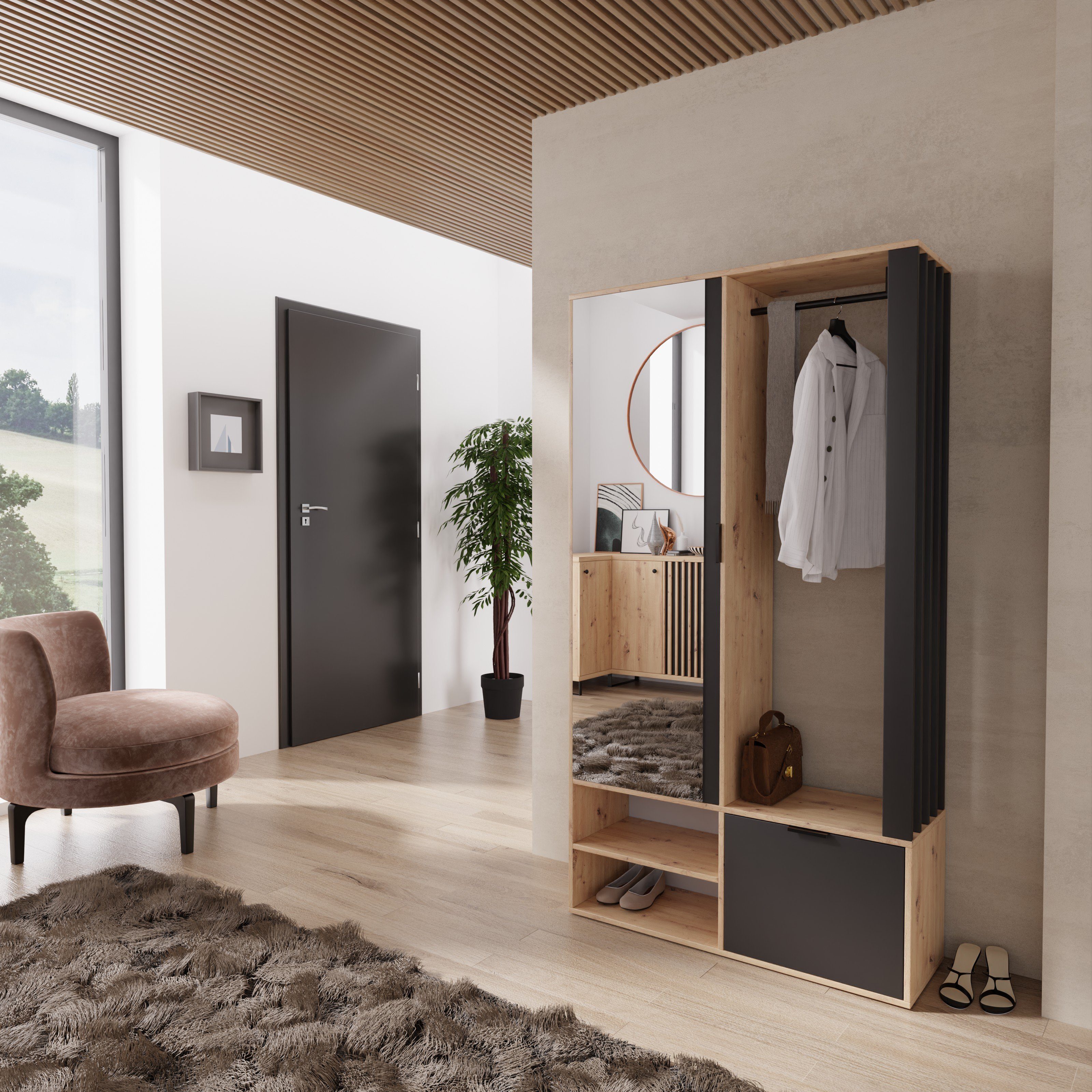 Kleiderstange Spiegel, DECO, Speicherkapazität, Lamellen, große eiche/schwarz stil und Loft mit Compleo Artisan Garderoben-Set